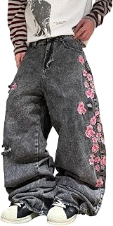 Men's Baggy Jeans Blossom Embroidered Wide Leg Y2K Denim Pants