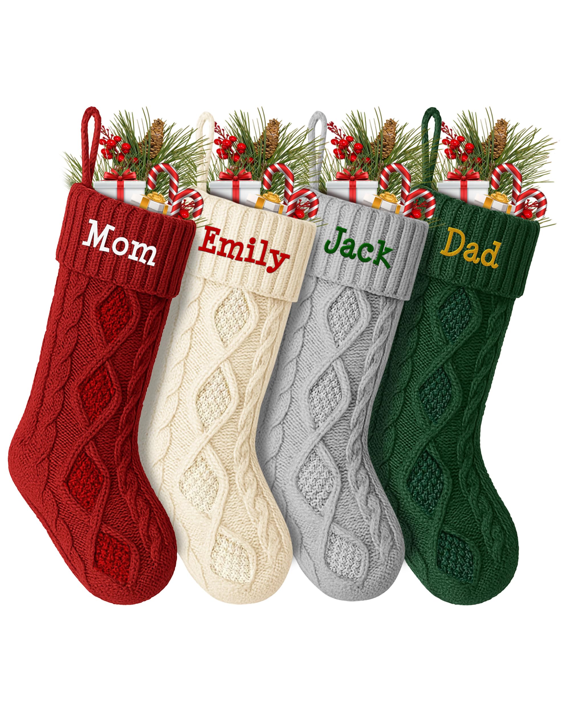 Medias de Navidad de punto personalizadas, nombre bordado a medida, verde, rojo, marfil, casa de campo, chimenea, para decoración familiar, regalo de Navidad 2023, paquete de 5