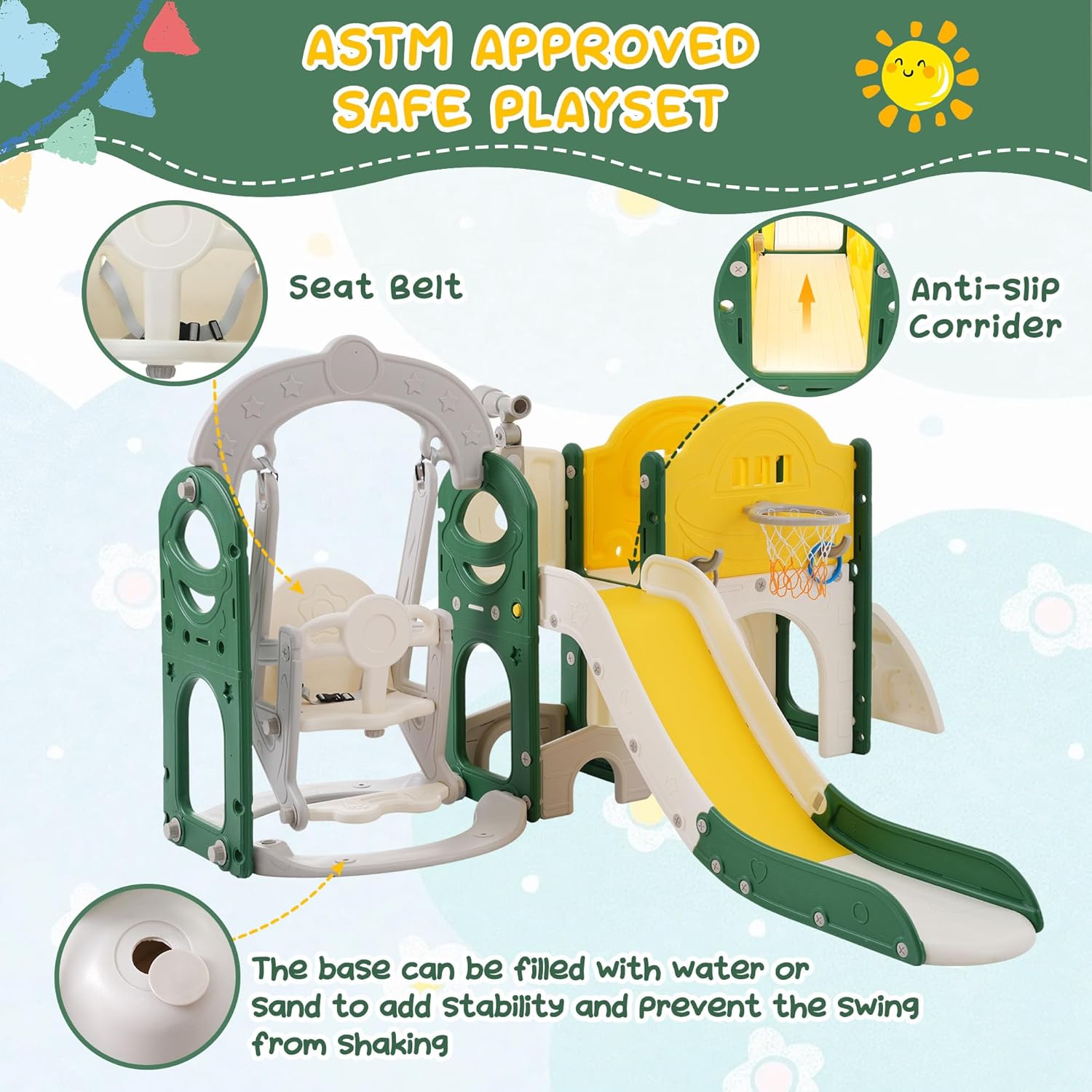 Toddler Slide and Swing Set 8 in 1, Kids Playground Climber Slide Playset with Basketball Hoop Freestanding Combination for Babies Indoor & Outdoor (Yellow)