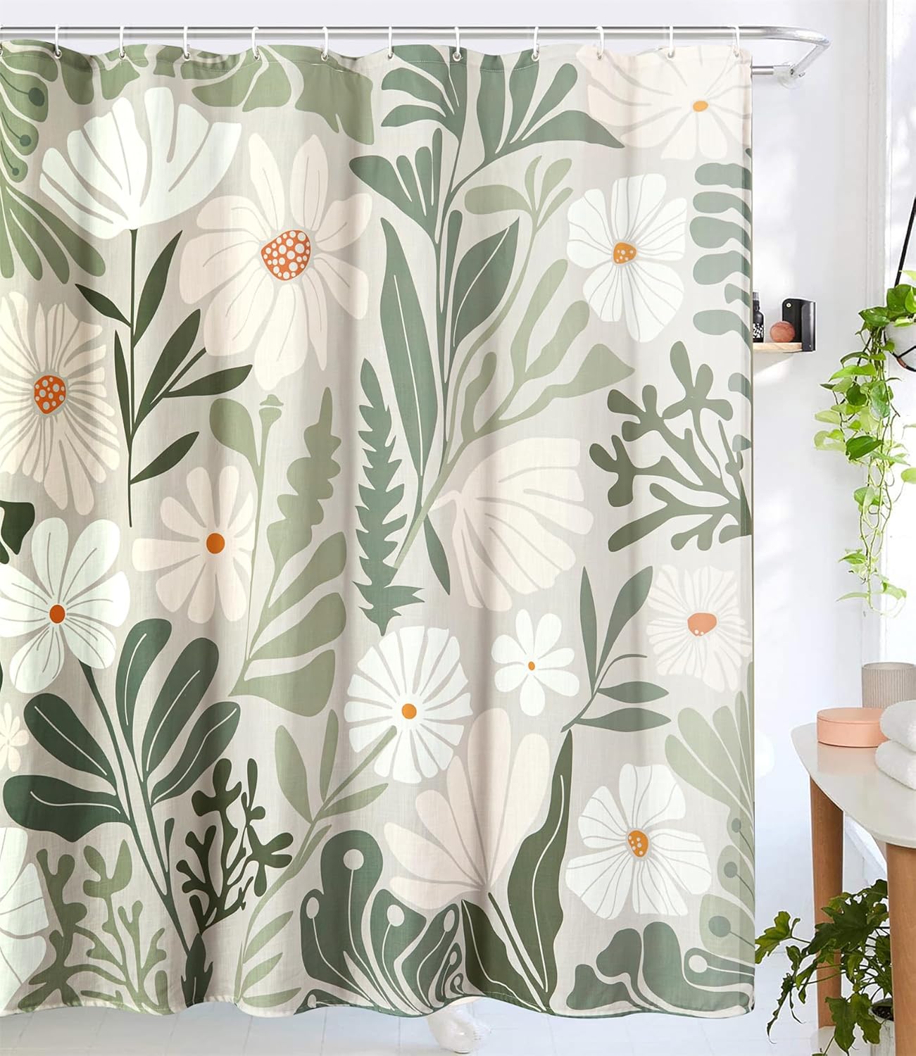 RoomTalks Cute Green Faux Linen Shower Curtain for Aesthetic Bathroom Decor - 210GSM Heavy Duty Modern Floral Matisse Spring Summer Flowers Plants Botanical Shower Curtain Set with Hooks