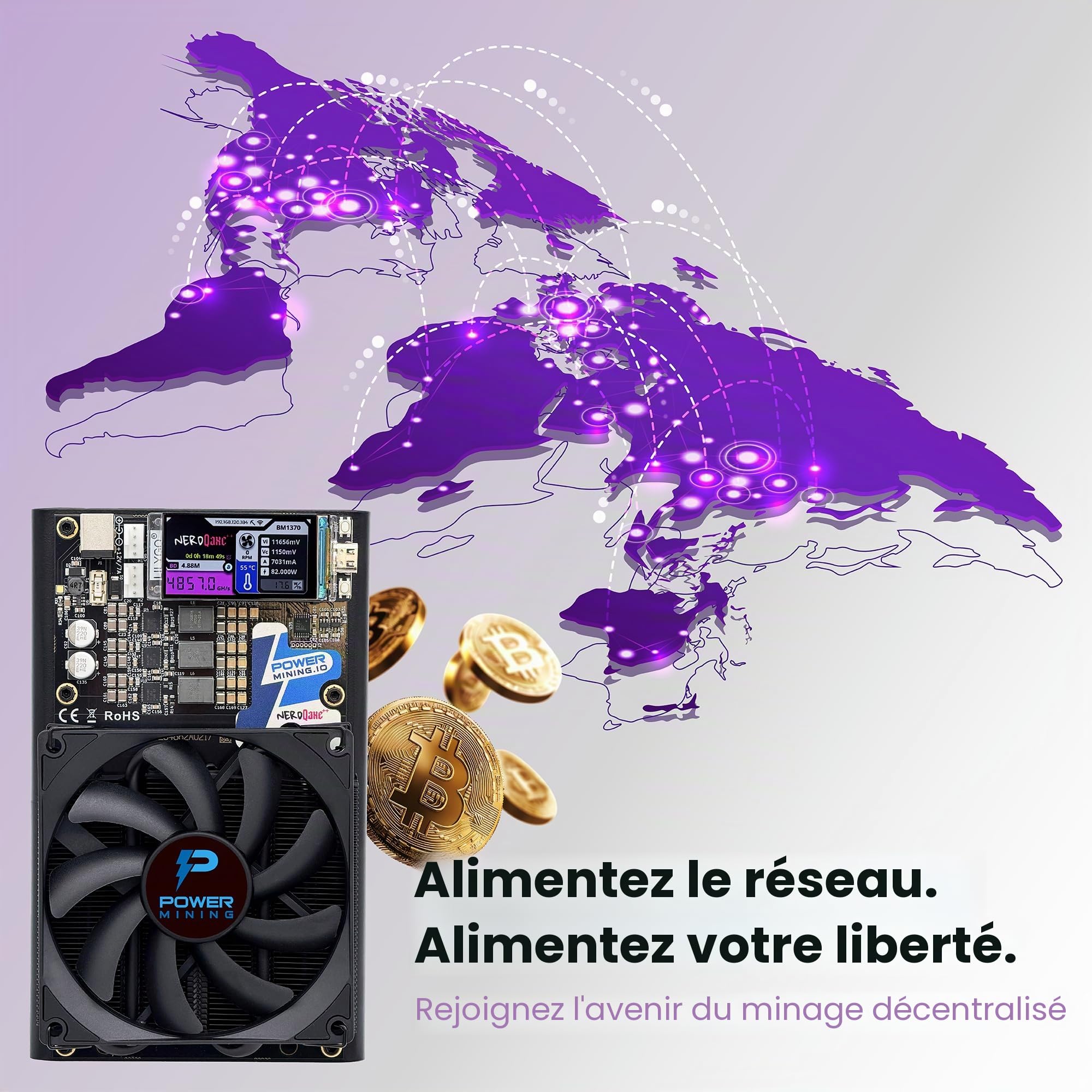NerdQaxe++ Silent Bitcoin Miner – 6 TH/s @ 100 W | 4 puces BM1370 | Refroidissement à Faible Bruit | Wi-FI et LAN 2,4 G | AxeOS Open Source | Comprend Alimentation 12,4V 10A et Support en métal