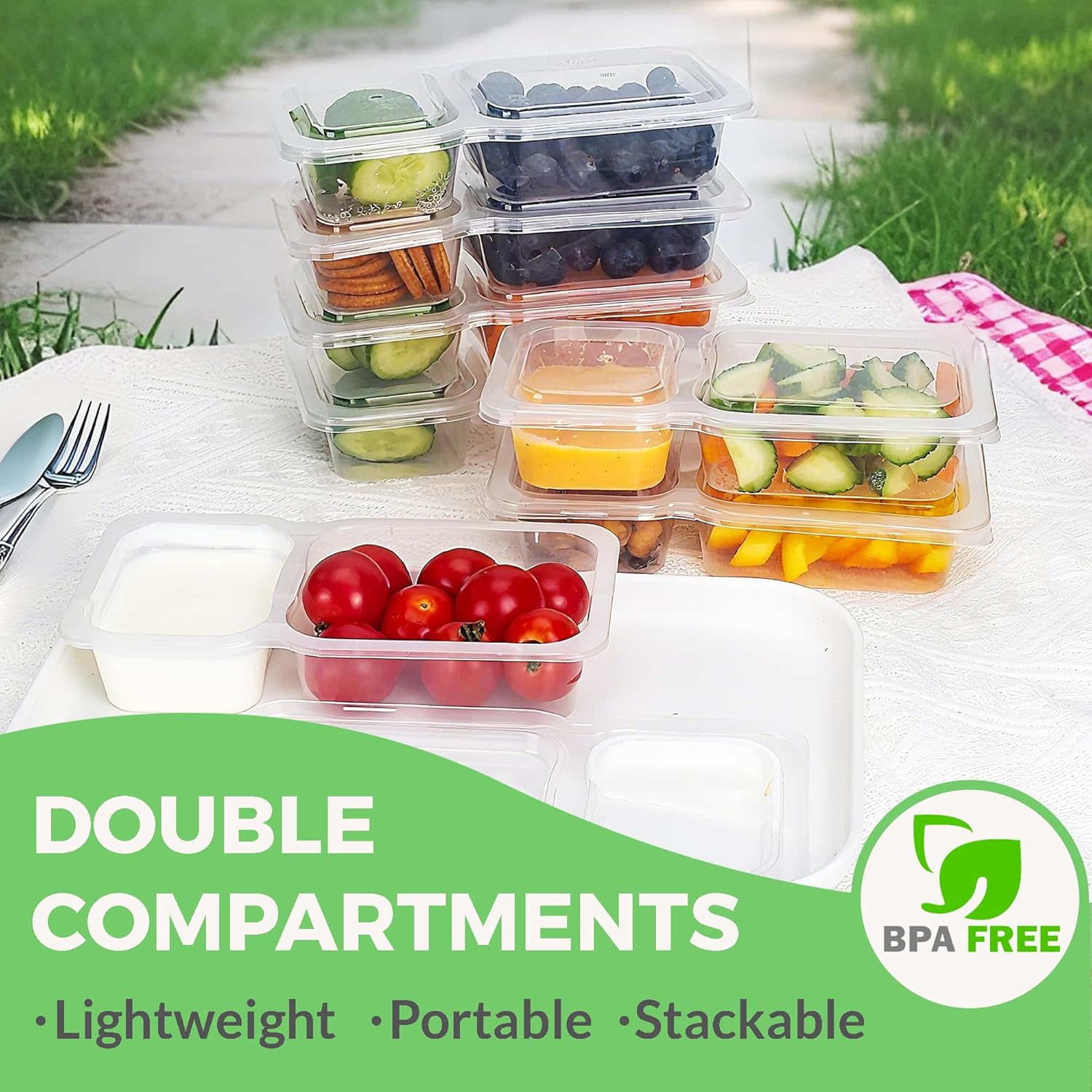 MACTANO Reusable Snack Containers with Lids, 9 oz Double Compartment Plastic Snack Pack Containers Portion Control Meal Prep Snack Boxes BPA Free 20 Sets for Work Travel School - Image 2