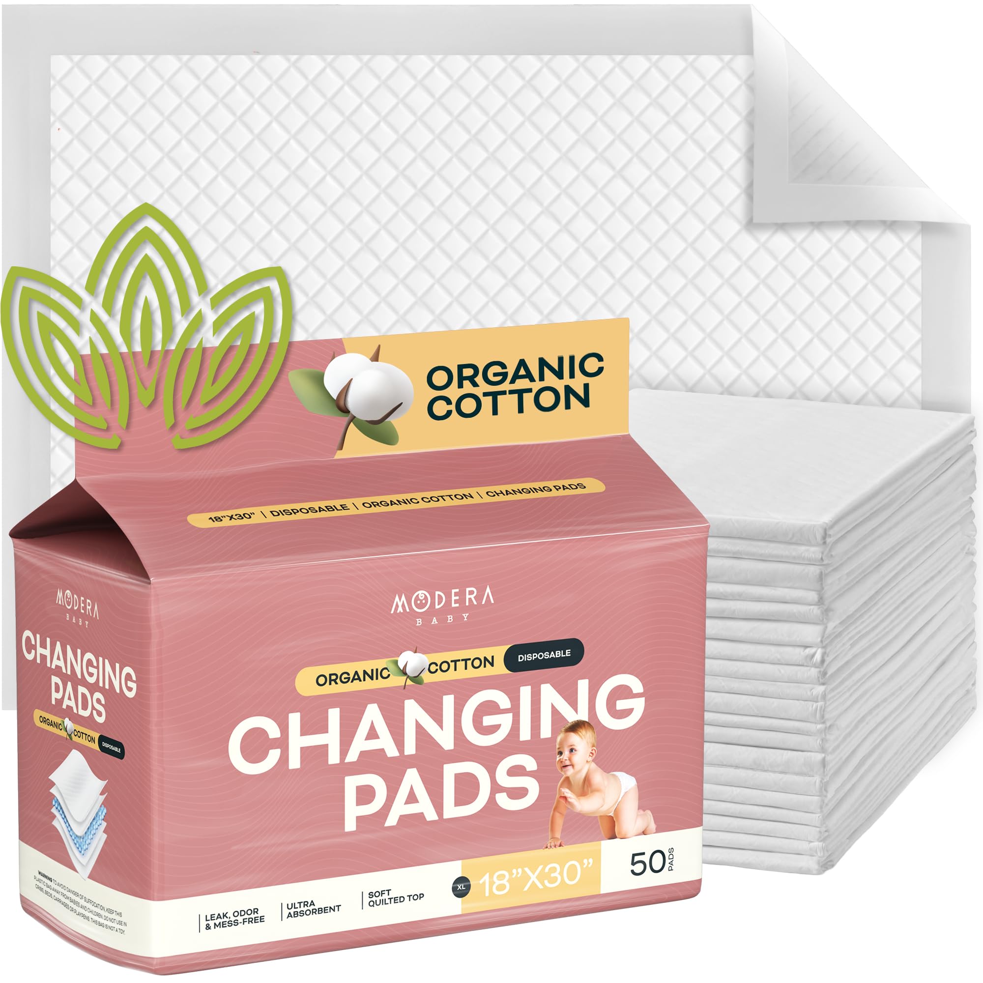 Organic Cotton Disposable Changing Pad Liners | XL-Large (30x18) Hypoallergenic Super Soft Ultra Absorbent & Waterproof Quilted Underpads for Baby Diaper Table & Travel, Leak Proof, Mess Free, 50-Pack