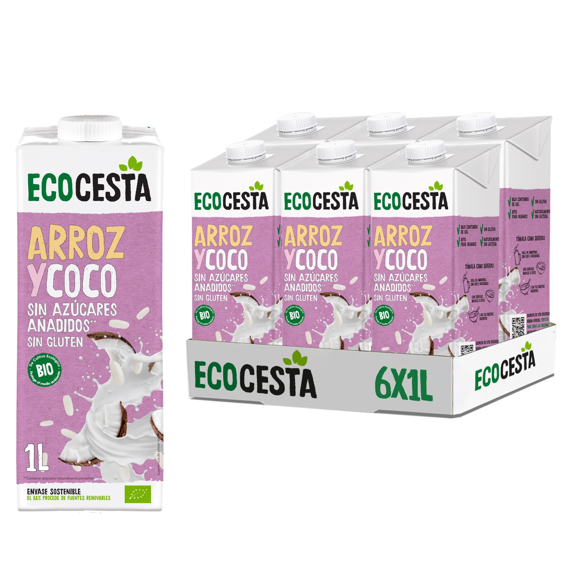 ECOCESTA MEJOR CADA DIA - Pack de 6 Unidades de 1 L de Bebida Ecológica Vegetal de Arroz y Coco - Sin Azúcar Añadido y Sin Gluten - Apto para Veganos - Ideal para Tomar Sola, con Café o en Batidos