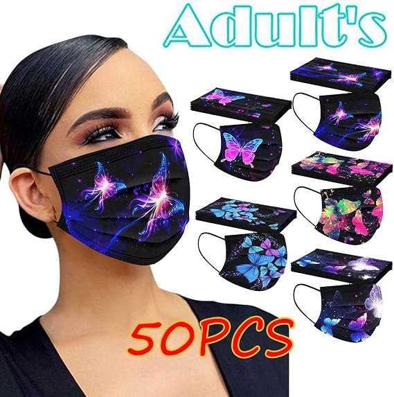 BOFFO 50 Pcs Butterfly Floral Face Bandanas with 3 Layer Face Filter with Elastic Earloop, Breathable with Lace Print Pattern, Suitable for school office outdoor for unisex Adult, Multicolored4
