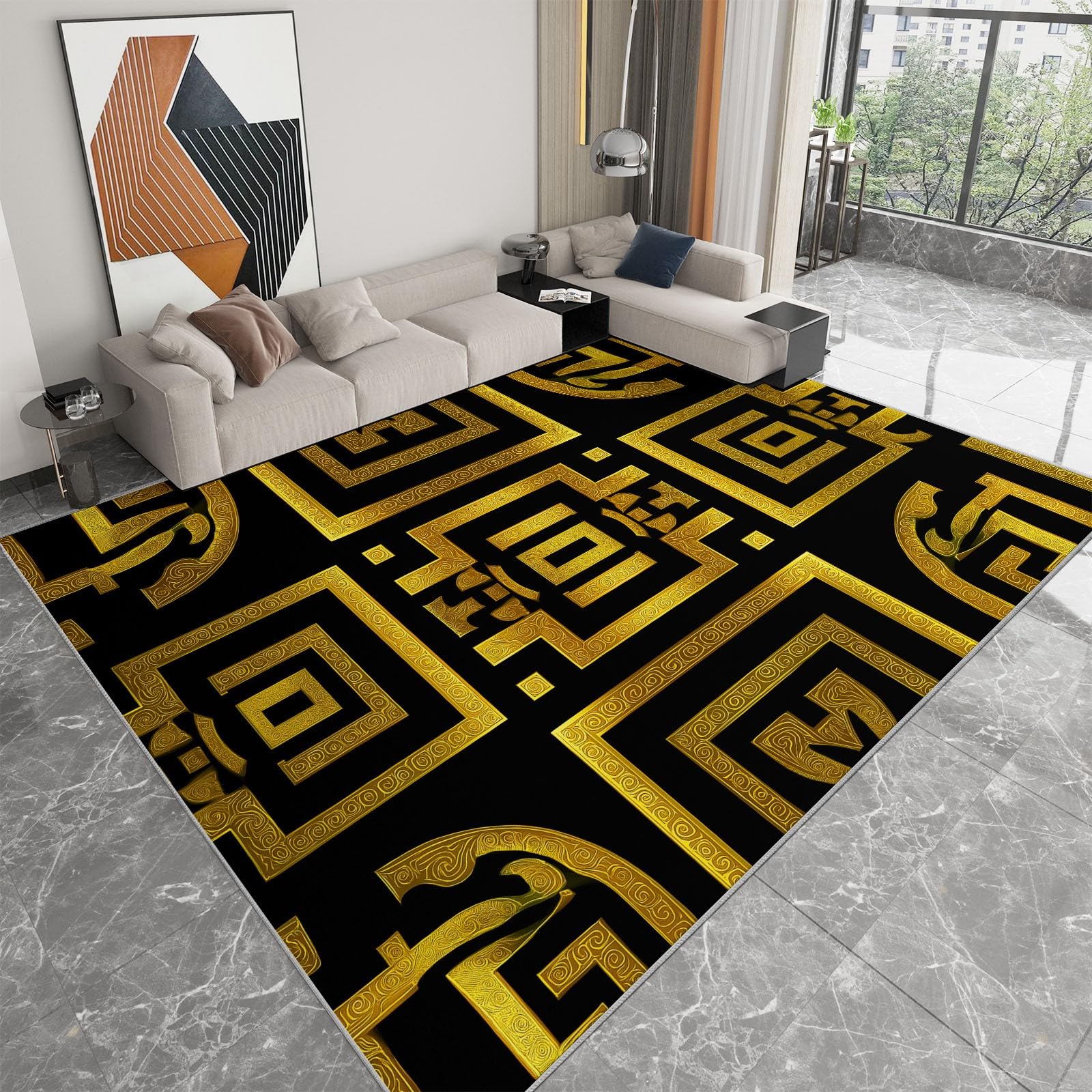 Tapis courbe d'or grecque au design prestigieux pour intérieur moderne
