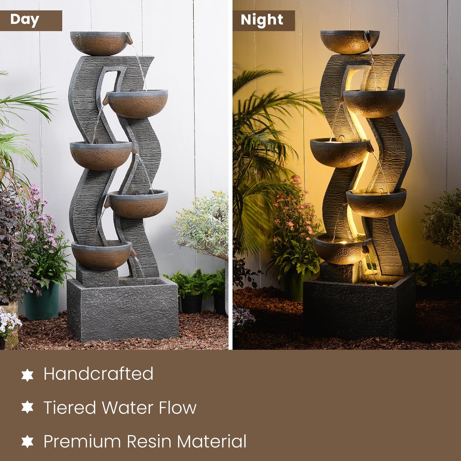Sunlinua Moderner Krug-Gartenbrunnen und Wasserfall mit LED-Beleuchtung – Kaskadierendes Wasserspiel für Garten, Terrasse oder Veranda, großer freistehender Gartenbrunnen aus Harz, 135,5 cm