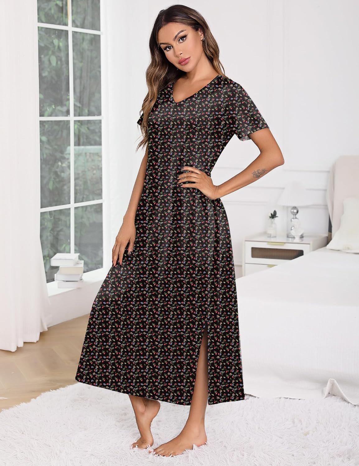 Marvmys Women Short Sleeve Nightgown Cotton Long Nightshirts with Pocket - Image 7