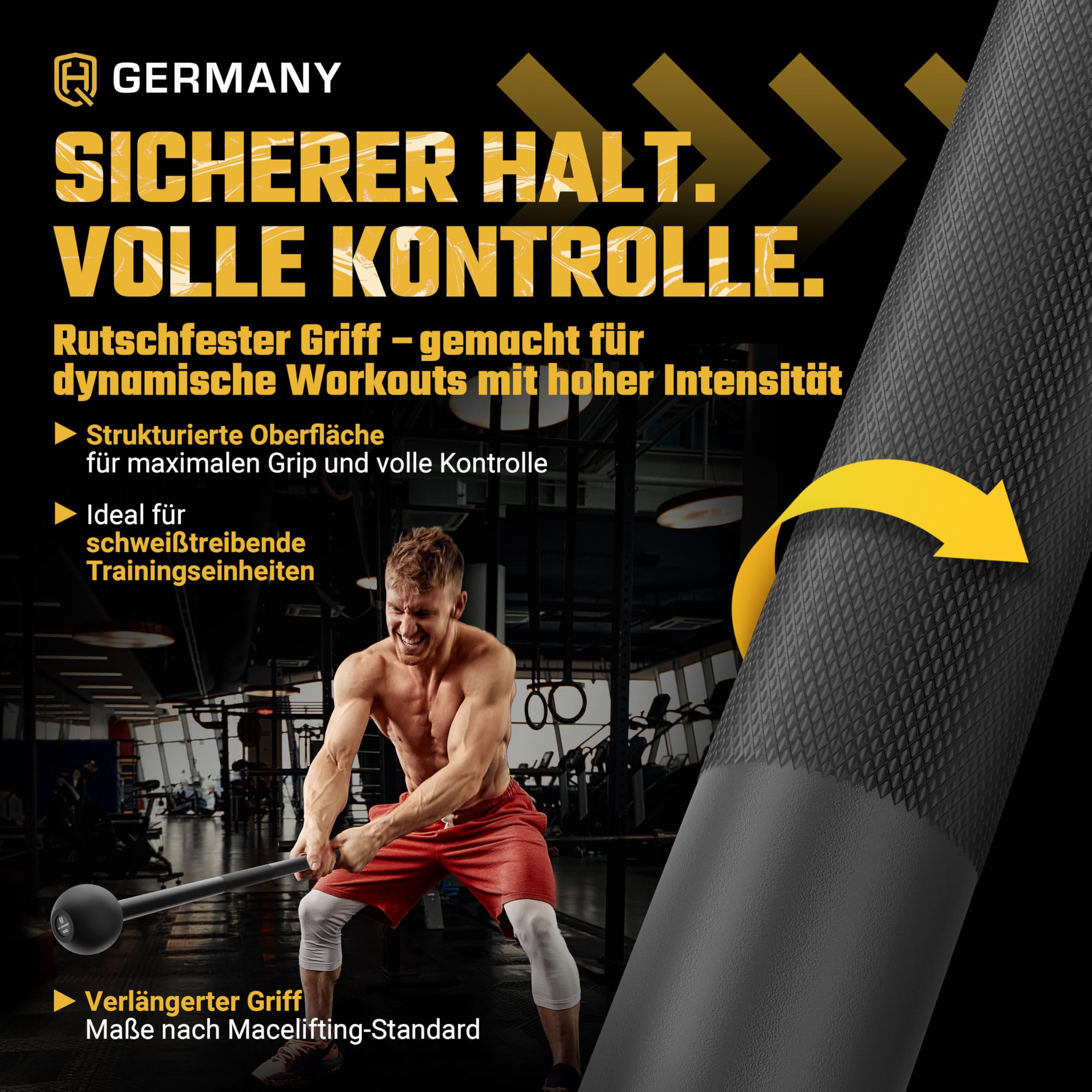 HQ Germany® Macebell 2-10kg [100% Stahl] - Steel Mace, Gada, Clubbell | Massiv verschweißt aus einem Stück, ±200g kalibriert, langlebige Pulverbeschichtung, genormte Maße, griffiges Knurling