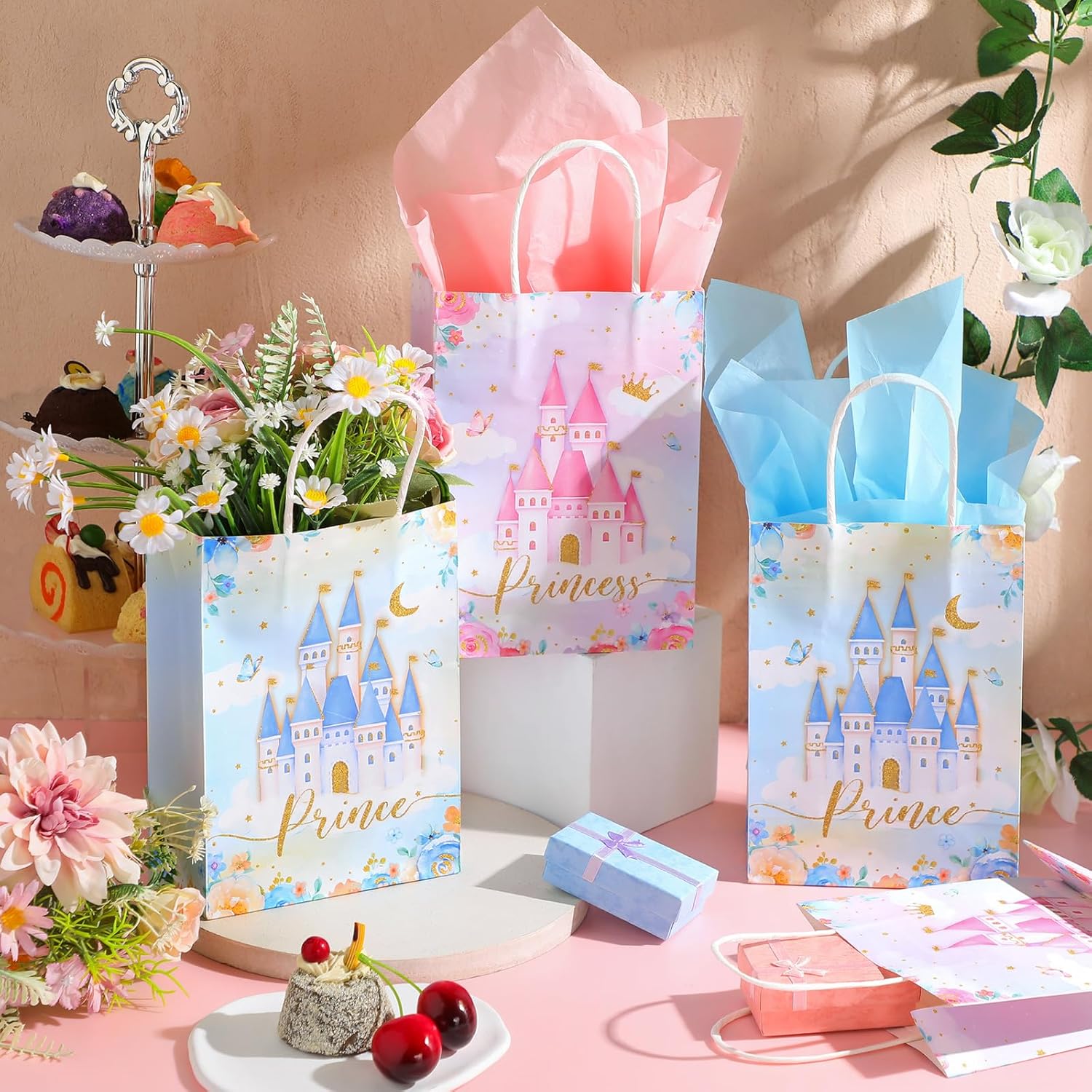 Sherr 30 Pcs Princess Prince Party Favor Bags with Handles Tissue Paper, Blue and Pink Castle Candy Goody Treat Bag Party Supplies for Girls Boys Gender Reveal Baby Shower Birthday Gift - Image 3