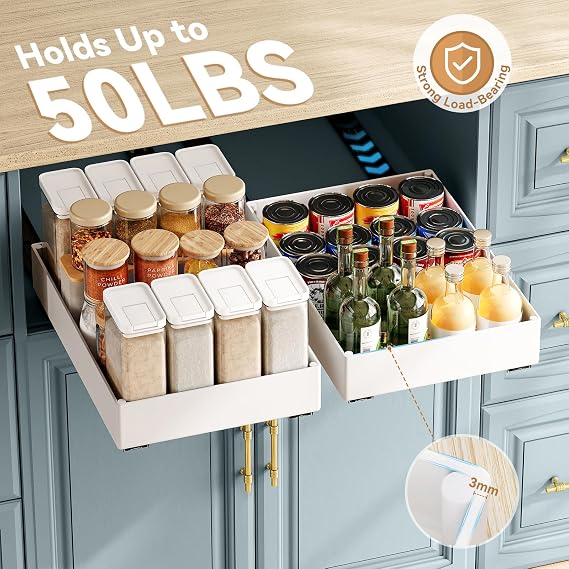 SOLEDI 3 Pack Pull Out Cabinet Organizer, Pull Out Drawer for Kitchen Cupboard, No Punch for Kitchen Cabinets, Bathroom Cabinet Organizer, Pantry, Slide Out Drawers Shelf Storage, Cream White 3 Sizes