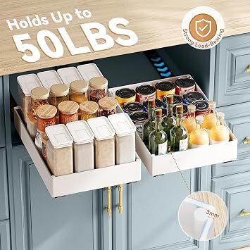 SOLEDI 3 Pack Pull Out Cabinet Organizer, Pull Out Drawer for Kitchen Cupboard, No Punch for Kitchen Cabinets, Bathroom Cabinet Organizer, Pantry, Slide Out Drawers Shelf Storage, Cream White 3 Sizes