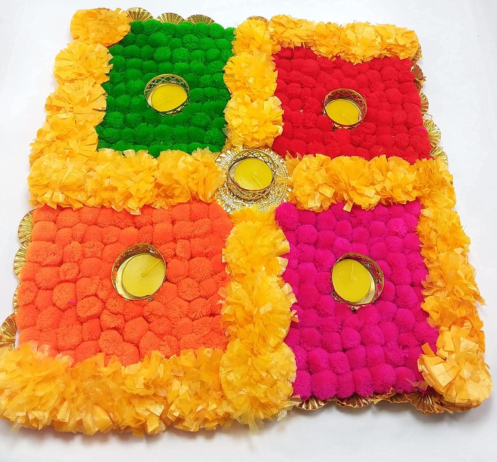 SpaceinCart Namoarihant Store Swastik Desion Artificial Marigold Flower Mat Tea Light Holder