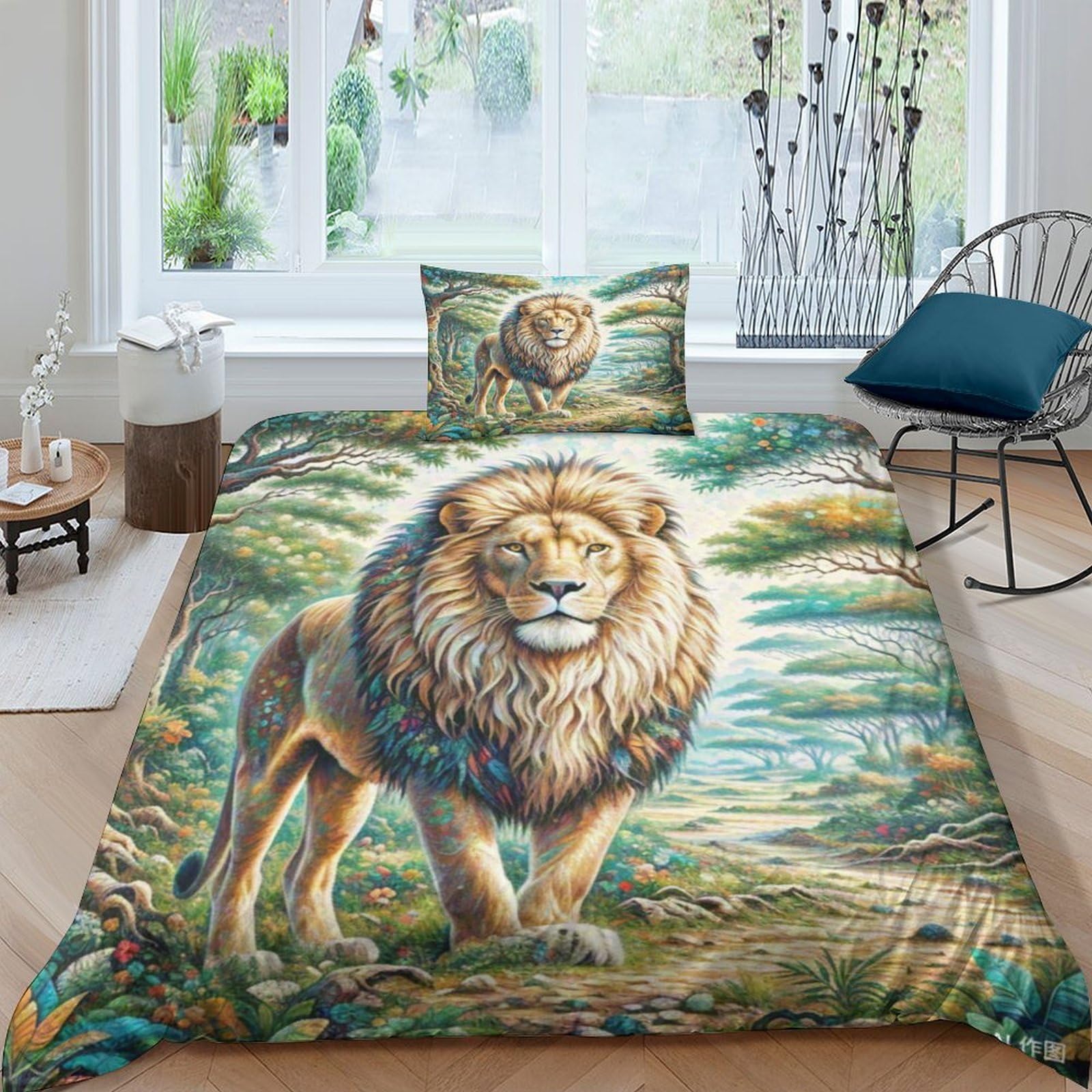 Housse de couette lion africain 135x200 parure lit microfibre single