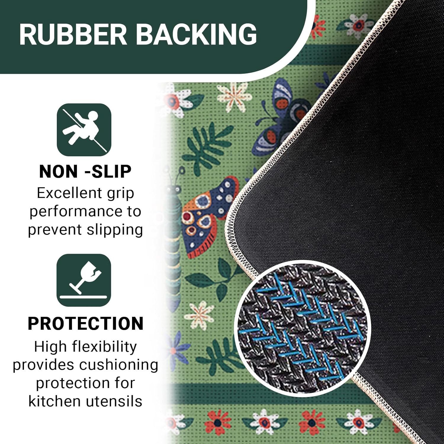 Boho Butterfly Floral Kitchen Rugs Set of 2, Green Botanical Flowers Floor Mats Home Decor, Spring Summer Bohemian Plants Door Mat Decorations - 17x29 and 17x47 Inches