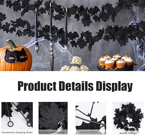 Miniatura 5 de Guirnalda de hojas negras artificiales de Halloween, guirnalda otoñal, 2 unidades, guirnalda de hojas de arce de otoño de Halloween, 5.7 pies, vid