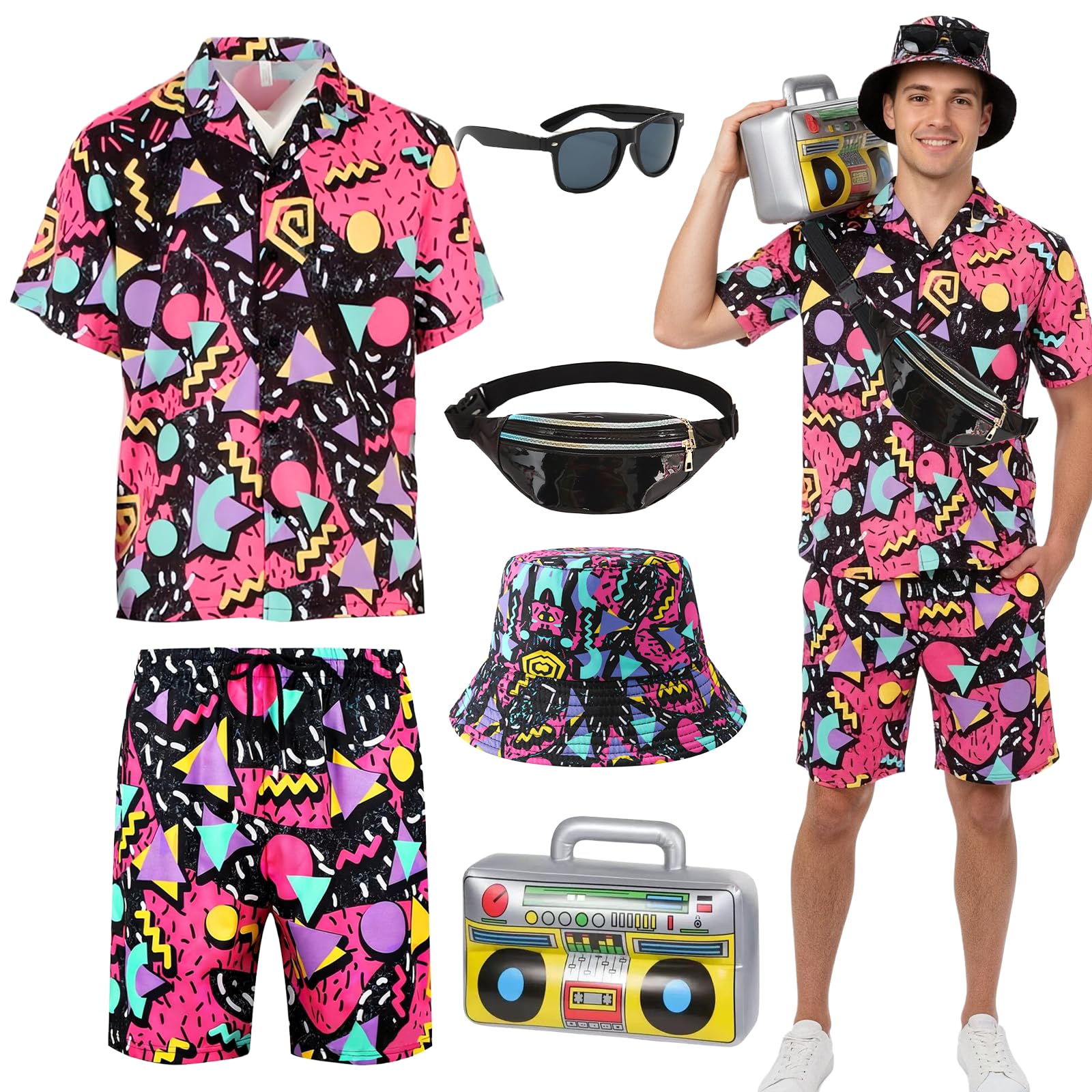 YAEGIMHT 80s 90s Fancy Dress Men, Hip Hop Shell Suit with Accessories for Adults, Retro 80s 90s Button Shirts Costume Outfits, 80s Tracksuit for Halloween Carnival Disco Party Dress Up (Black, M)