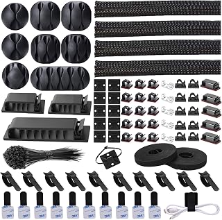 N NOROCME 192PCS Cable Management Kit: Sleeves, Clips, Holders, Ties for Desk, TV, Computer - Black/Clear