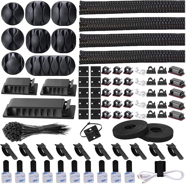 N NOROCME 192 PCS Kit de gestion des câbles 4 Manches de l'organisateur de fil,11 Porte-câble,35Cord Clips 10+2 fils de câble Organisateur 100 Câblodistribution pour ordinateur TV Sous le bureau, noir, clair