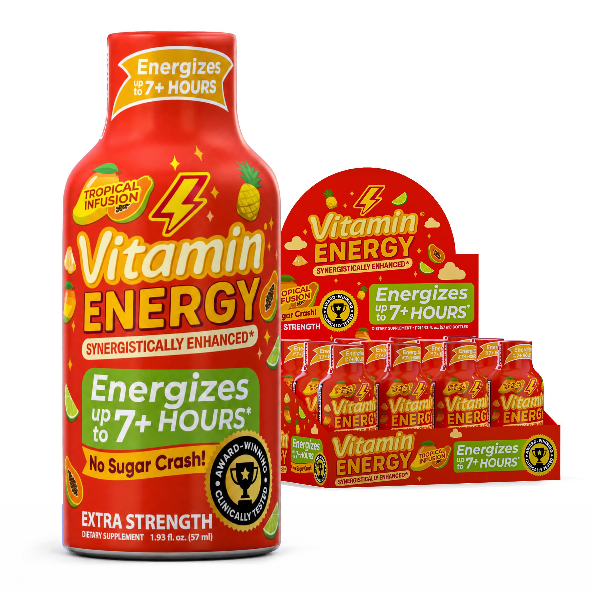 Vitamin Energy Tropical Infusion Extra Strength Energy Shot, 12 Pack - Up to 7 Hrs, 260mg Natural Caffeine, Zero Sugar - BCAAs + CoQ10, Focus Support, B12 B6 Niacin, 1.93 fl oz, Keto Vegan