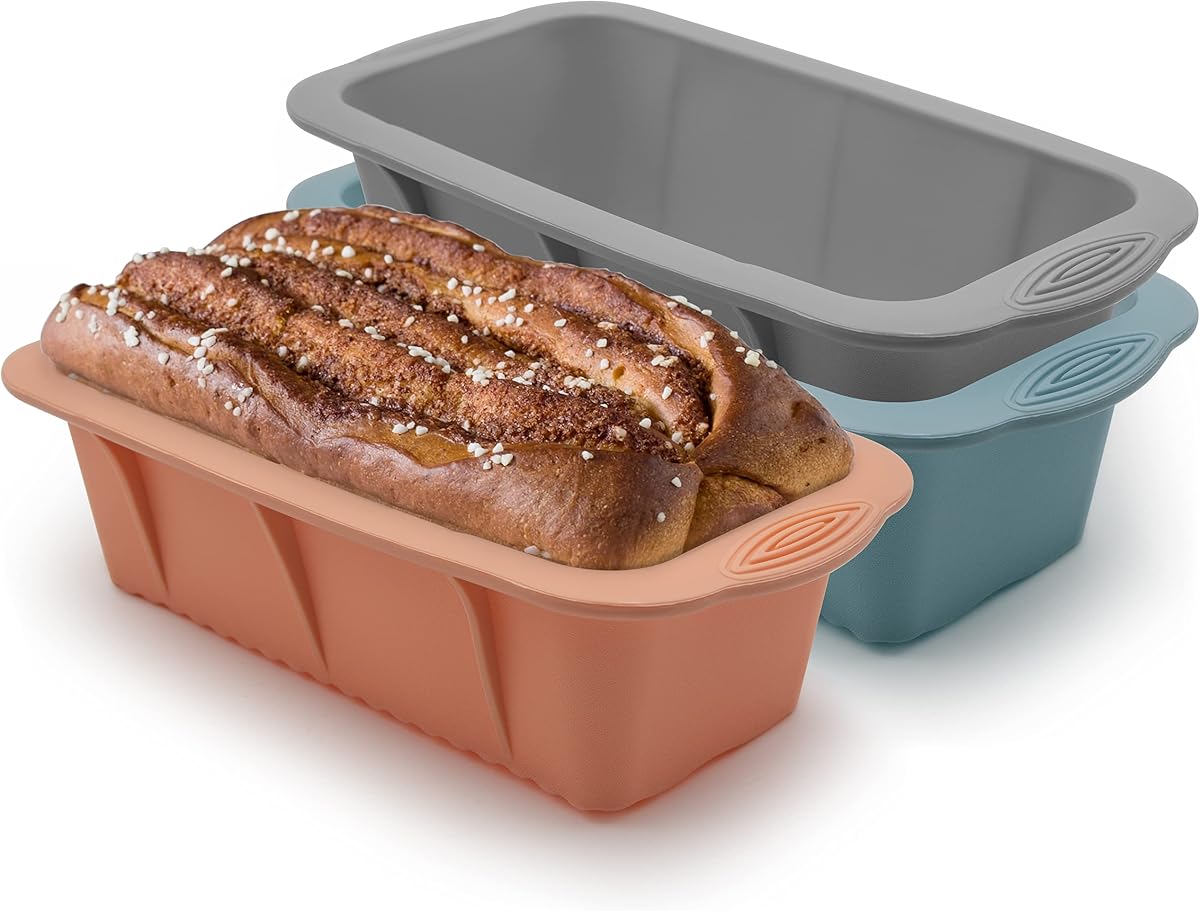 Paquete de 3 moldes de silicona para pan: molde para hornear pasteles, brownies, pan largo, tartas de queso, pasteles caseros, pan, pastel de carne, ladrillos de hielo y más, juego de 3 colores