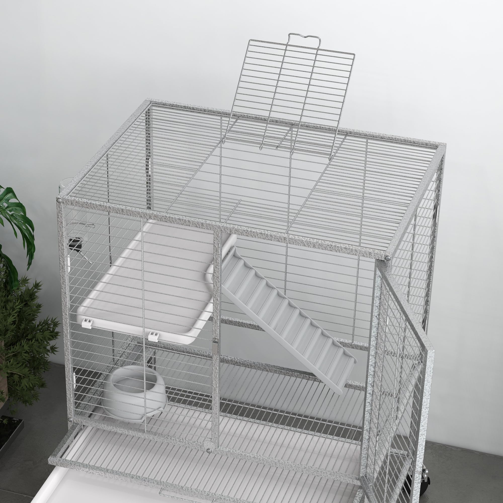 PawHut - Jaula para animales pequeños, Jaulas para hurones, con ruedas de 2 niveles con 2 puertas, 1 rampa y 1 estante de almacenamiento, cuenco, botella, 61,5 x 44,5 x 86 cm, color gris