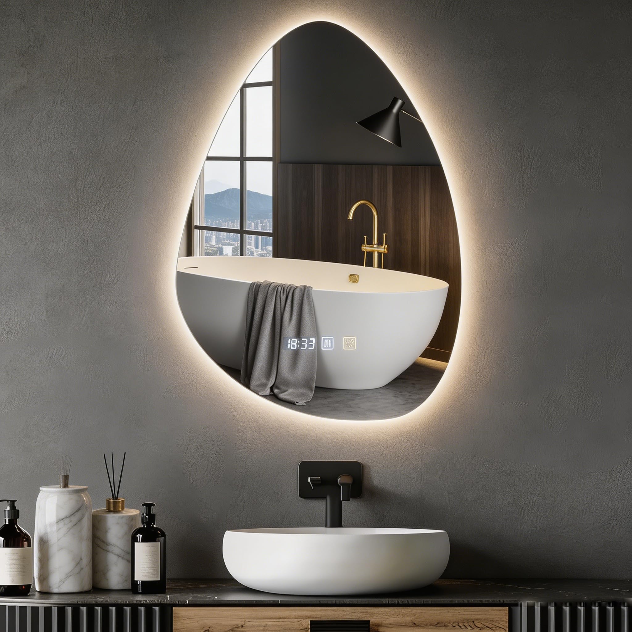 Litglobe Bathroom Mirror with LED Lights,50×70cm Illuminated Bathroom Mirror with Anti-fog,Wall Mounted Vanity Mirrors with Touch Switch,3 Color Dimmable,Time Display,Horizontal/Vertical