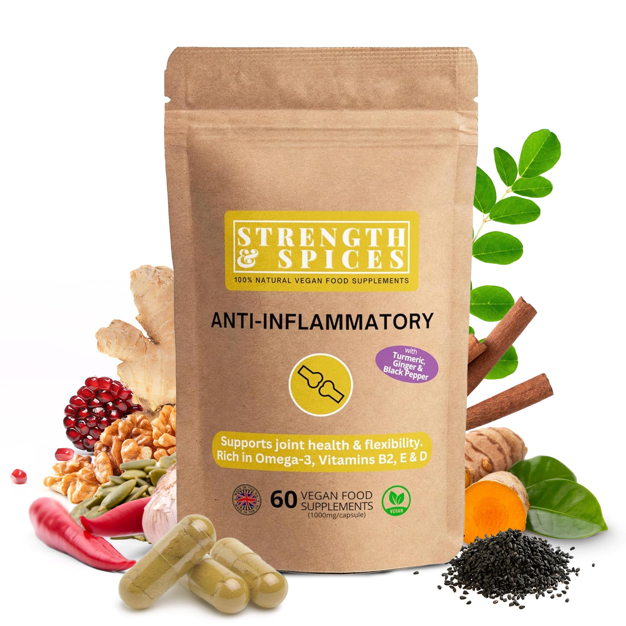 Strength & Spices Anti-inflammatory, Muscle and Joint Care Supplements for Mobility and Recovery, Turmeric Capsules with 28 Powerful Ingredients, Vegan and All-Natural, 1000mg, 60 Capsules, Refill