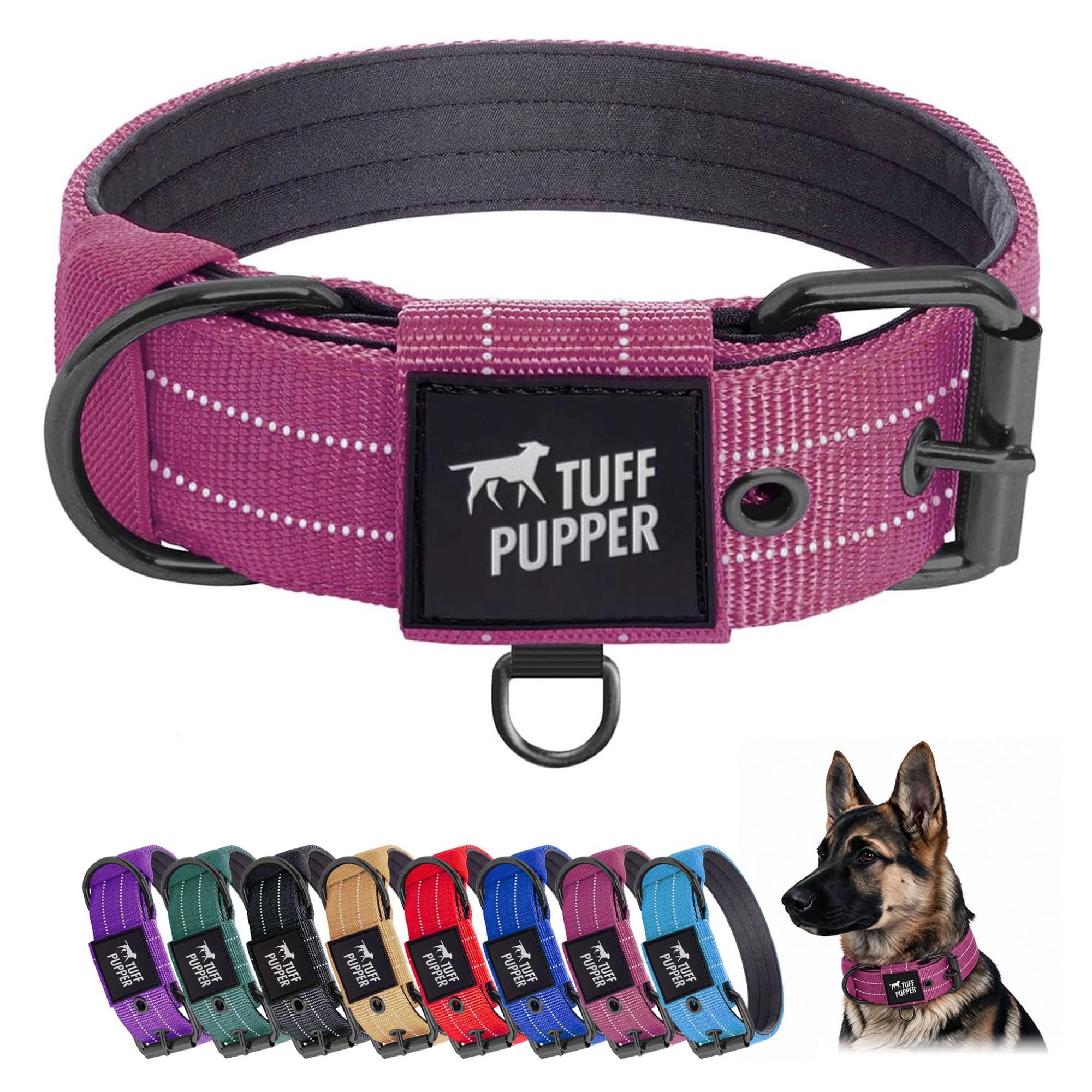 Tuff Pupper Heavy Duty Tactical Dog Collar | 1.5" Wide Ballistic Nylon | Reflective Stitching | Integrated ID Tag Holder | Stainless Steel Buckle | Padded Lining | Medium &amp; Large Dogs (Pink, Large)