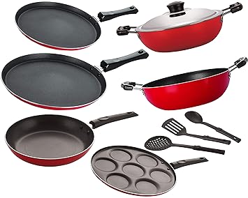Nirlon Aluminium Nonstick 3 Layer Coated Healthy Kitchen Cooking Utensil Combo Set-9 Pieces [2.6mm_FT13_FT12_KD12_DKDM_UP_TP24_3SPN]
