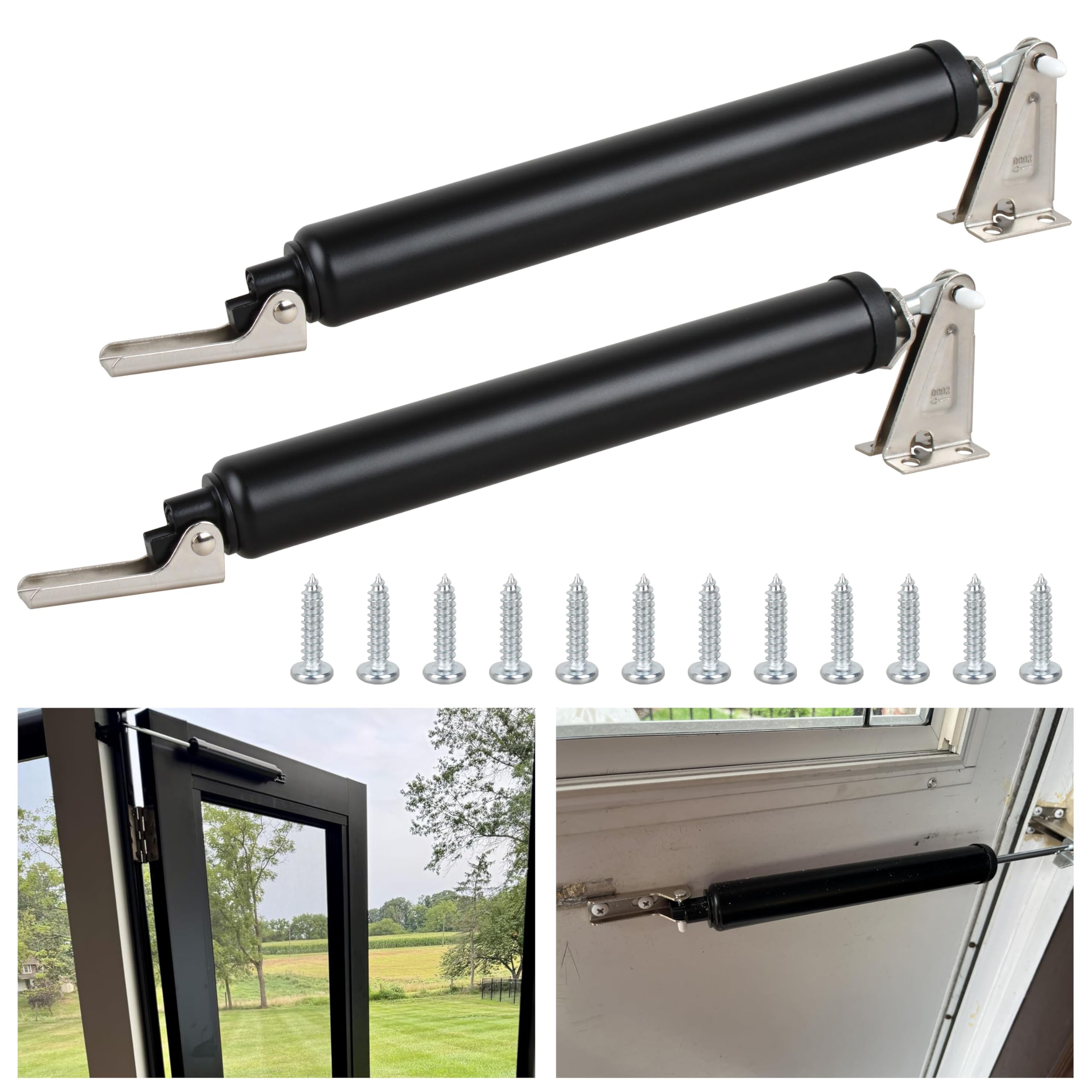 2 Pack Heavy Duty Screen Door Closers - Adjustable Pneumatic Storm Door Shocks with Cushion Speed Control, Smooth Closing for Screen & Storm Doors, Black