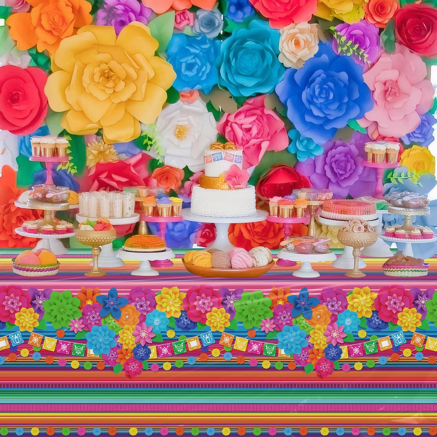 4 Pcs Mexican Fiesta Tablecloth Cinco De Mayo Plastic Table Cover Mexico Colorful Striped Paper Flower Table Cloth Mexican Holiday Theme Rectangle Decoration for Fiesta Taco Party Supplies 51X86IN