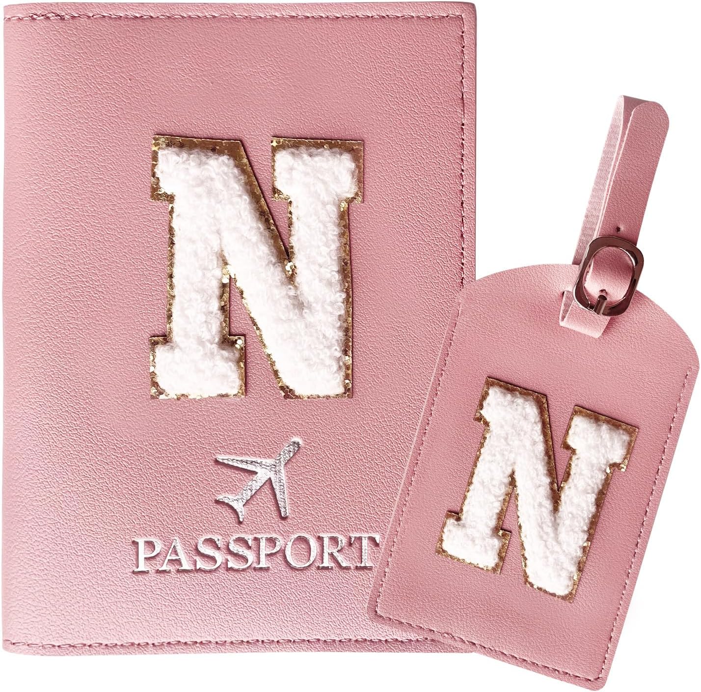 ZVRSUA Protege Passeport Rose et Etiquette Valise Costume，Pochette Passeport avec Lettre, Cuir PU, Cadeaux Femme Voyage Accessoires, Très Mignons, Adaptés aux Femmes, Adolescentes, Filles (Lettre-N)
