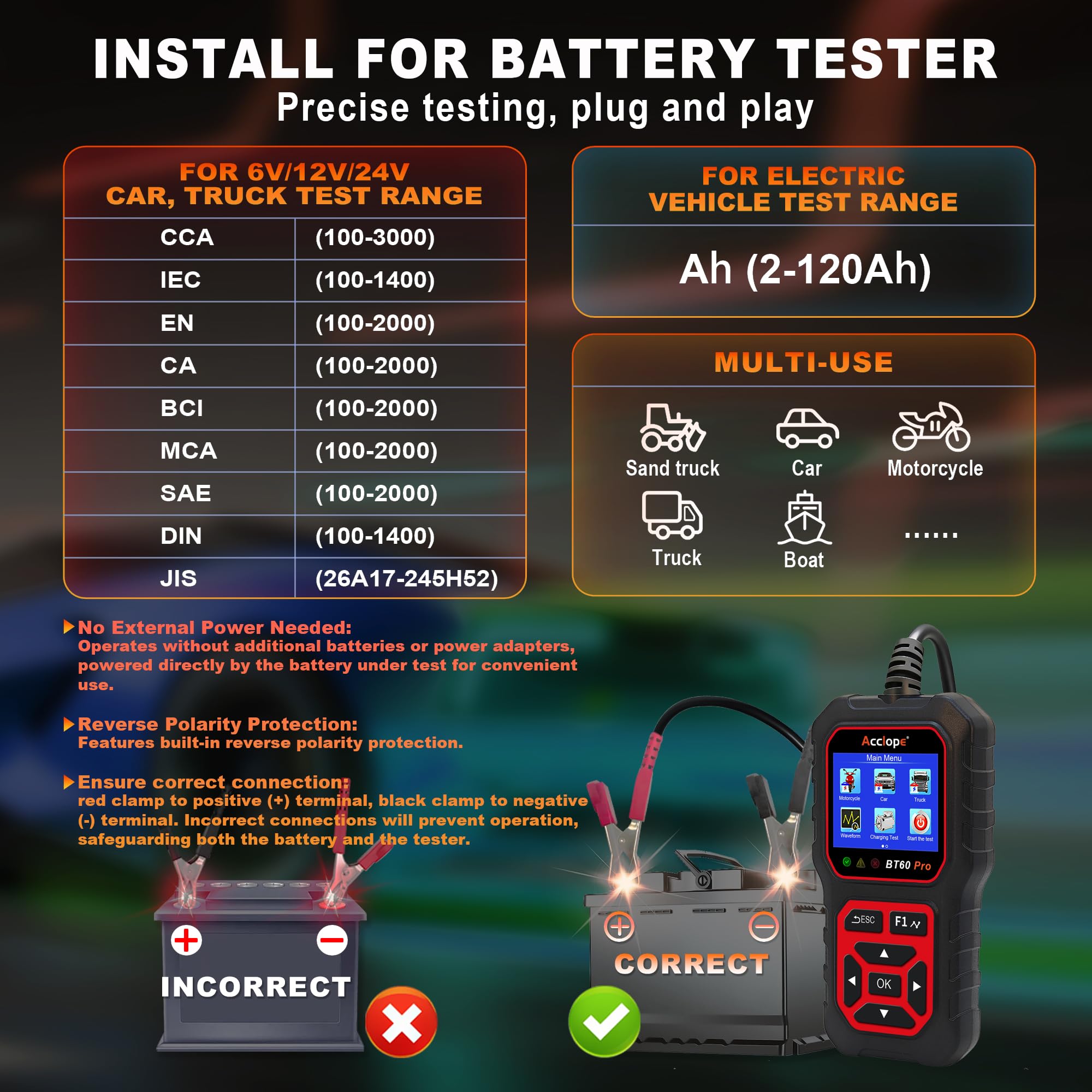 BT60 Pro Tester Digitale per Batterie Auto, CCA 100-3000, Analizzatore 6V 12V 24V, Sistema di Diagnostica Alternatore per Auto, Moto, Camion, Compatibile con AGM, Litio, Gel