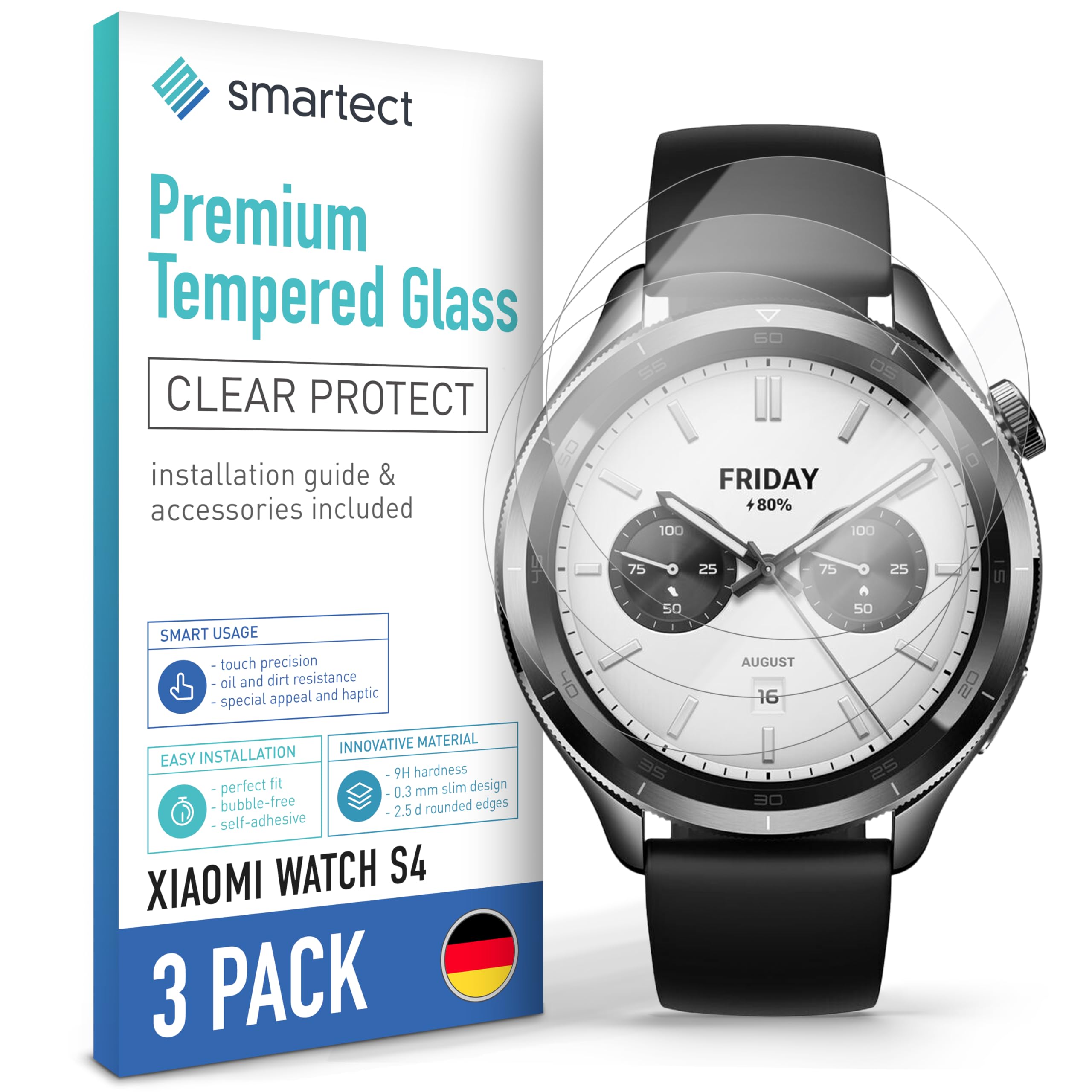 smartect Cristal Templado 3 Piezas para Xiaomi Watch S4 | Protector Pantalla HD Antiarañazos, Vidrio Templado 0.3 mm Ultra Transparente, Dureza 9H, Resistente a Impactos, Sin Burbujas