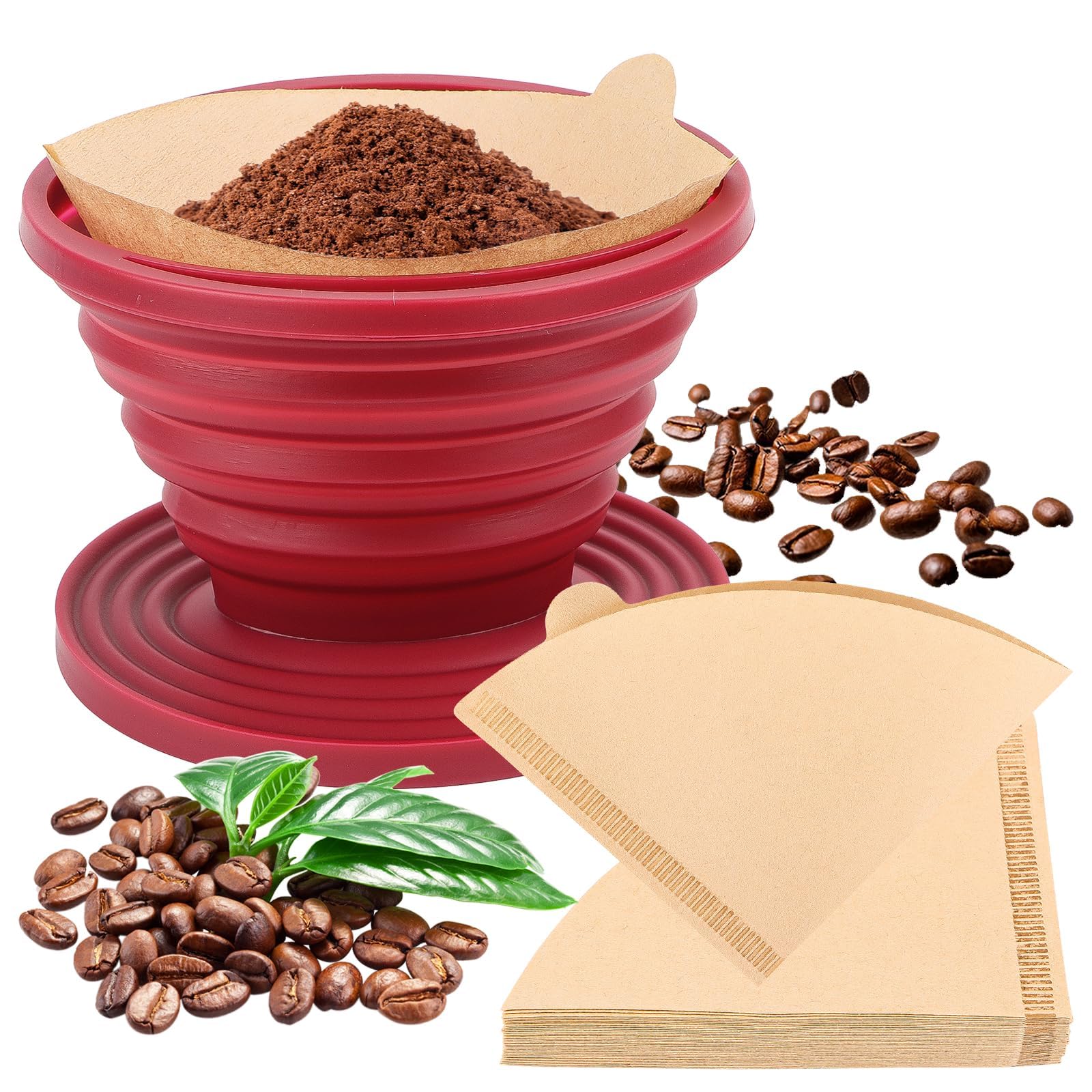 Foldable Coffee Filter, Silicone Coffee Dripper with 40 Cone Paper Filters, Camping Coffee Filter, Reusable Coffee Filter Holder, Portable Outdoor Coffee Filter Cone for Camping, Travel