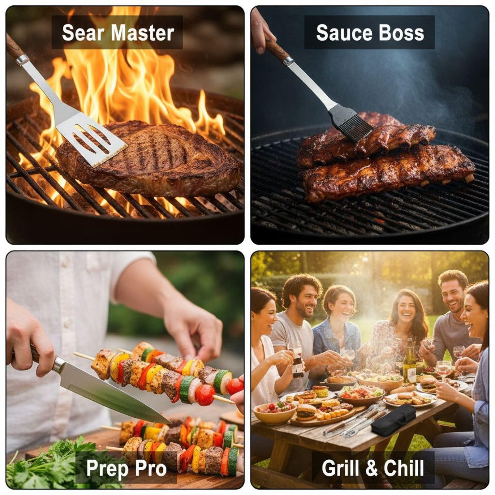 BBQ-Grillwerkzeug-Set, 5-teilig aus Edelstahl, Grillbesteck mit Holzgriffen und Tragetasche, für Outdoor-Kochen und Camping, Maße 15,35 x 4,92 x 1,97 in, Gewicht 1,7 lbs