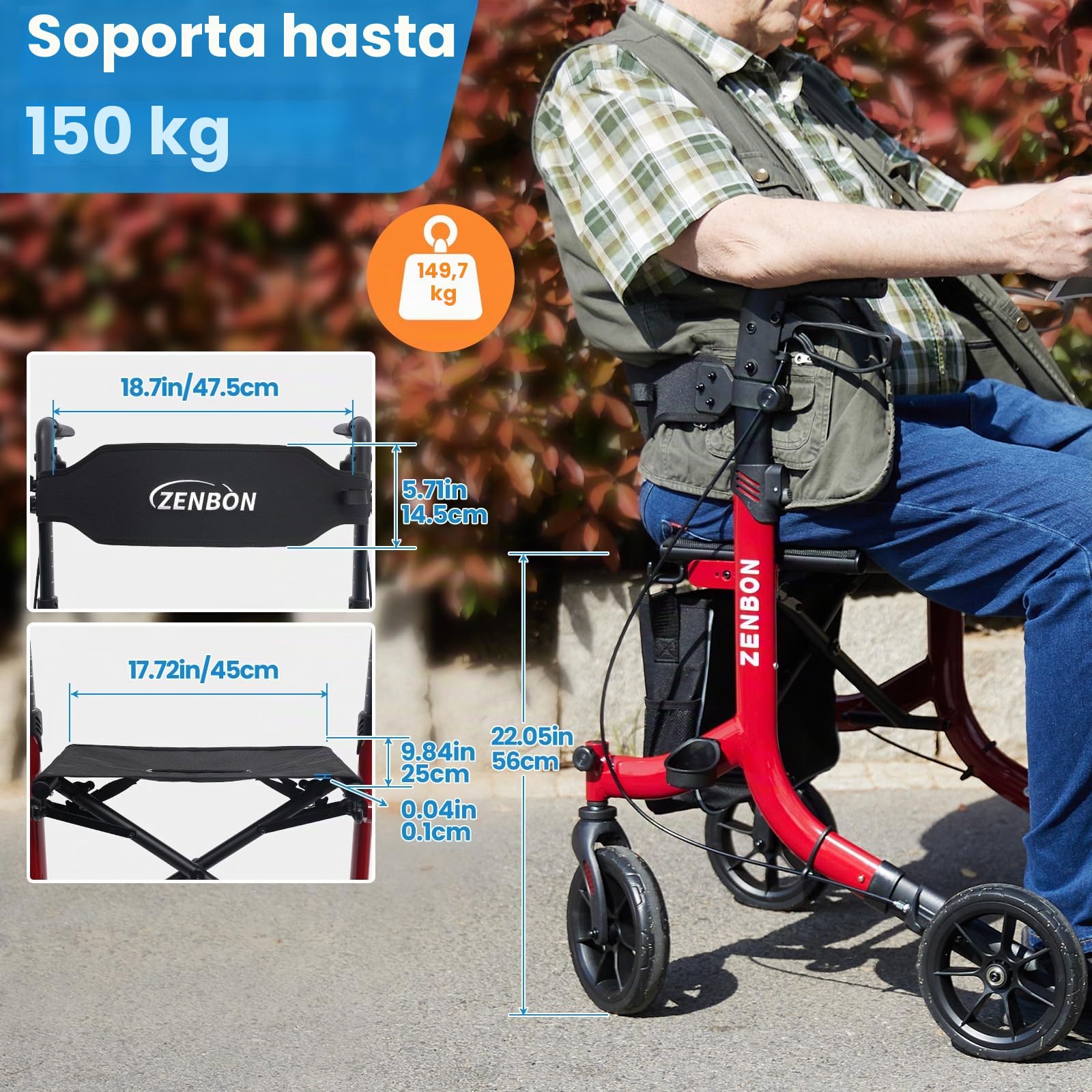 Andador para Ancianos Plegable: Andador Estrecho con Asiento para el Hogar Andador para Personas Mayores - Andador de viaje Aluminio con asa de Altura Ajustable para Aire Libre (Rojo)