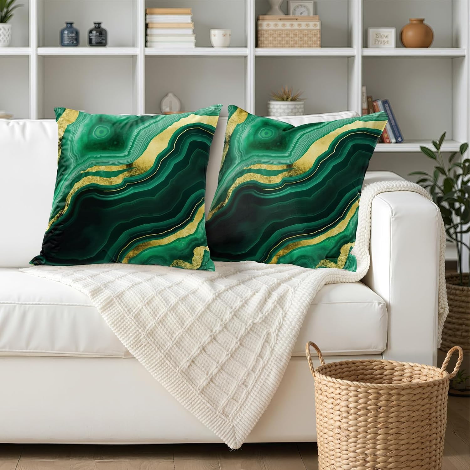 Marble Throw Pillow Covers 18x18 - Emerald Green Gold Abstract Modern Pillow Cases Set of 2 Double Sided Print, Soft Sofa Pillowcases for Living Room Decor #M032