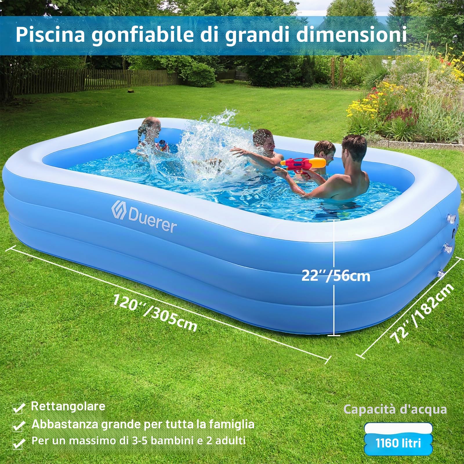 Duerer Piscina Gonfiabile Bambini con Adulti Rettangolare 305cm x 182cm x 56cm, Piscine fuori terra, Piscina per Famiglie per Cortile, Festa Estiva in Acqua, all'aperto Giardino swimming pool