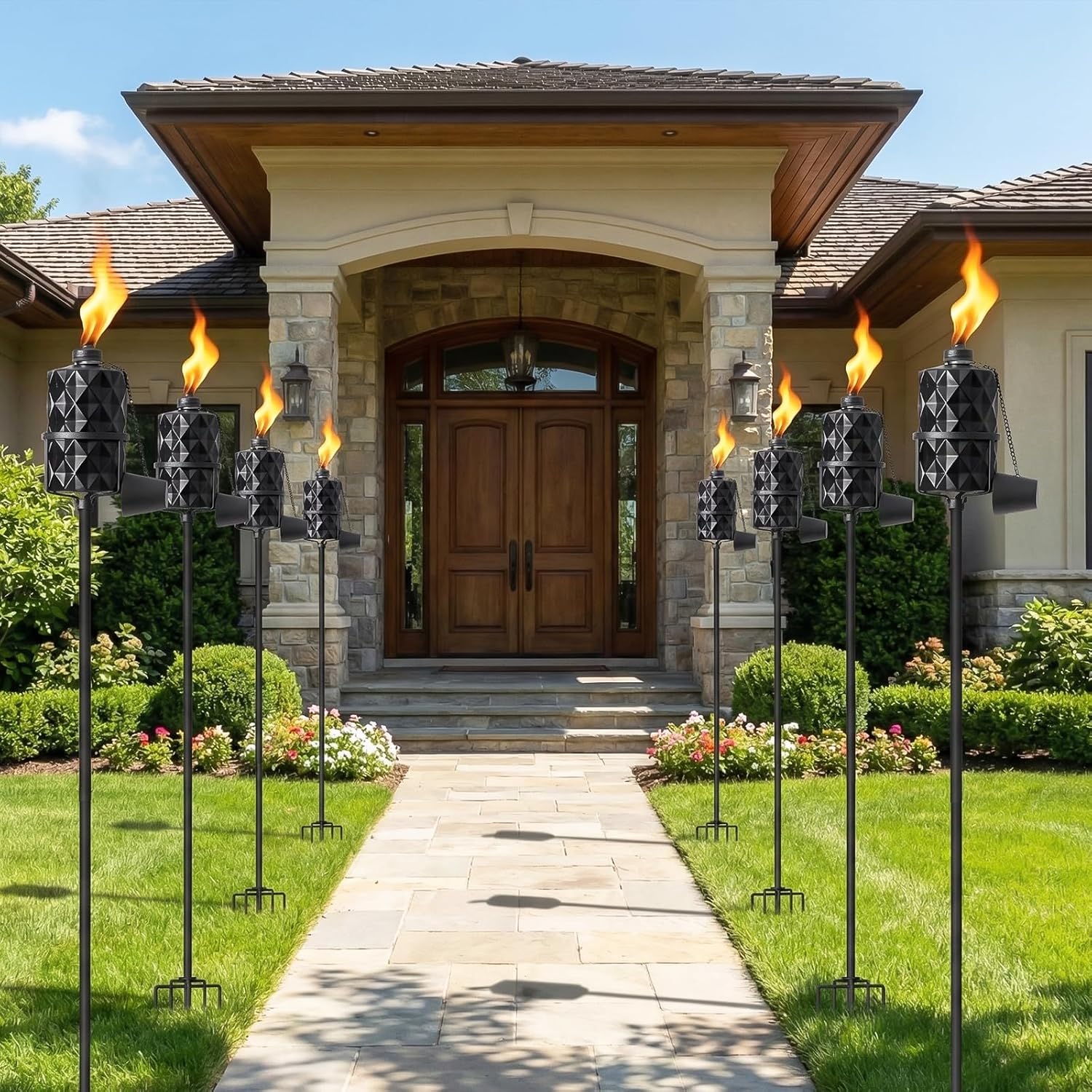4 Pack Glass Citronella Torches, 13.5 oz Outdoor Garden Torch, 55 Inch 5-Prong Grounded Stake Torches, Metal Torches with Fiberglass Wick for Yard, Patio, Deck, Garden, Party, Landscape Decor