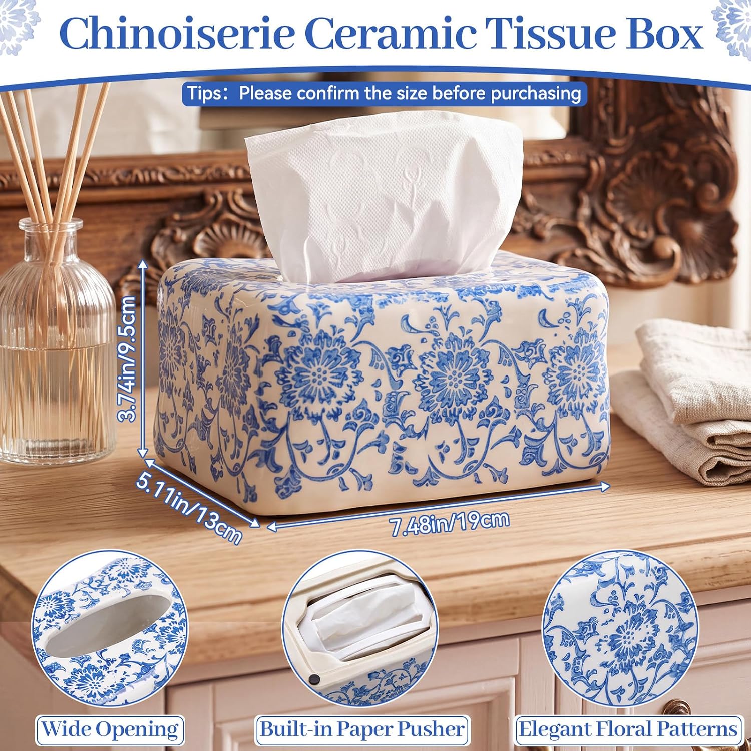 Chinoiserie Ceramic Tissue Box Cover, Blue and White Porcelain