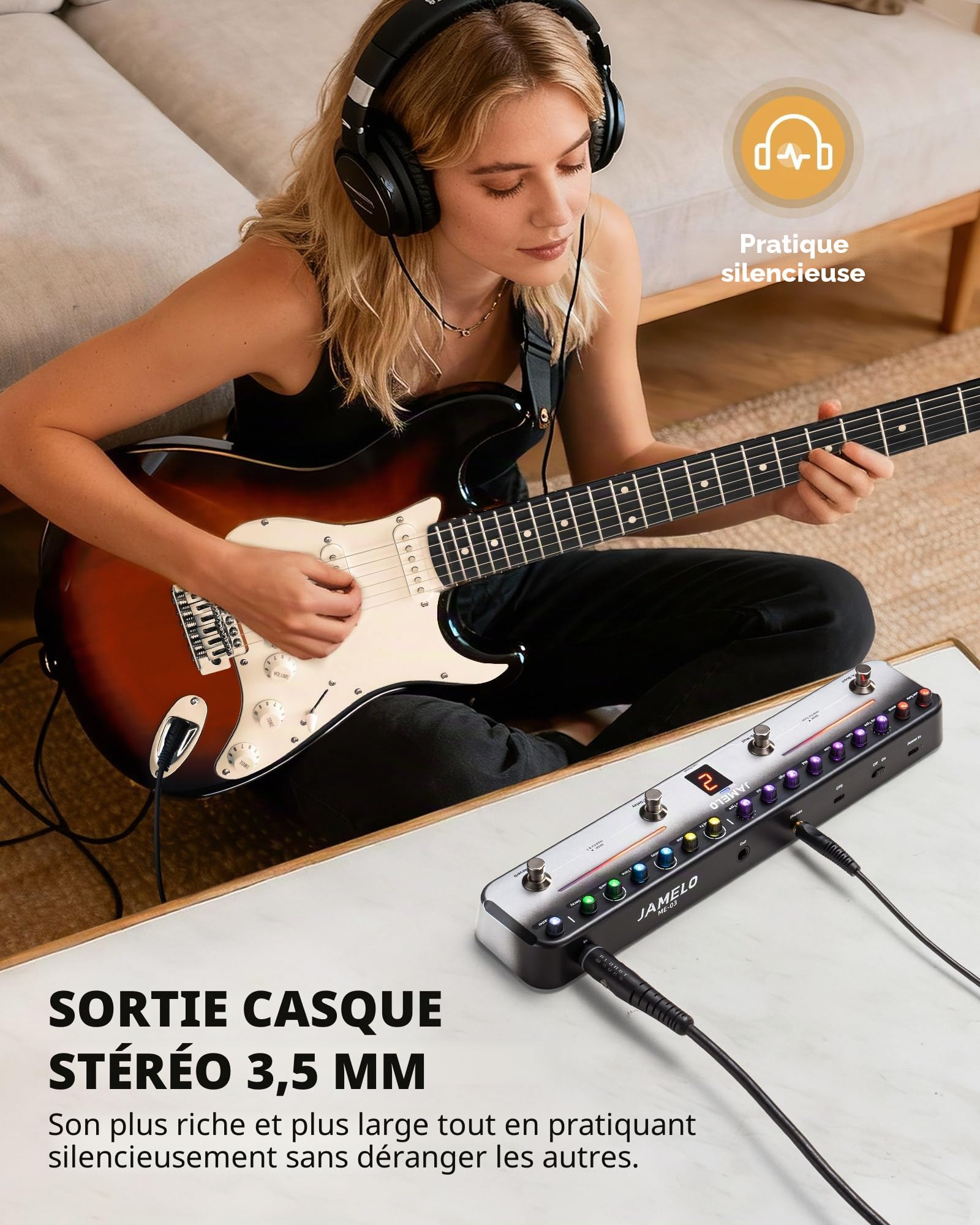 Jamelo - Pédale de guitare électrique multi-effets, avec 40 préréglages modifiables, 7 modules d'effets populaires, chœur, retard, réverbération, mod, batterie rechargeable