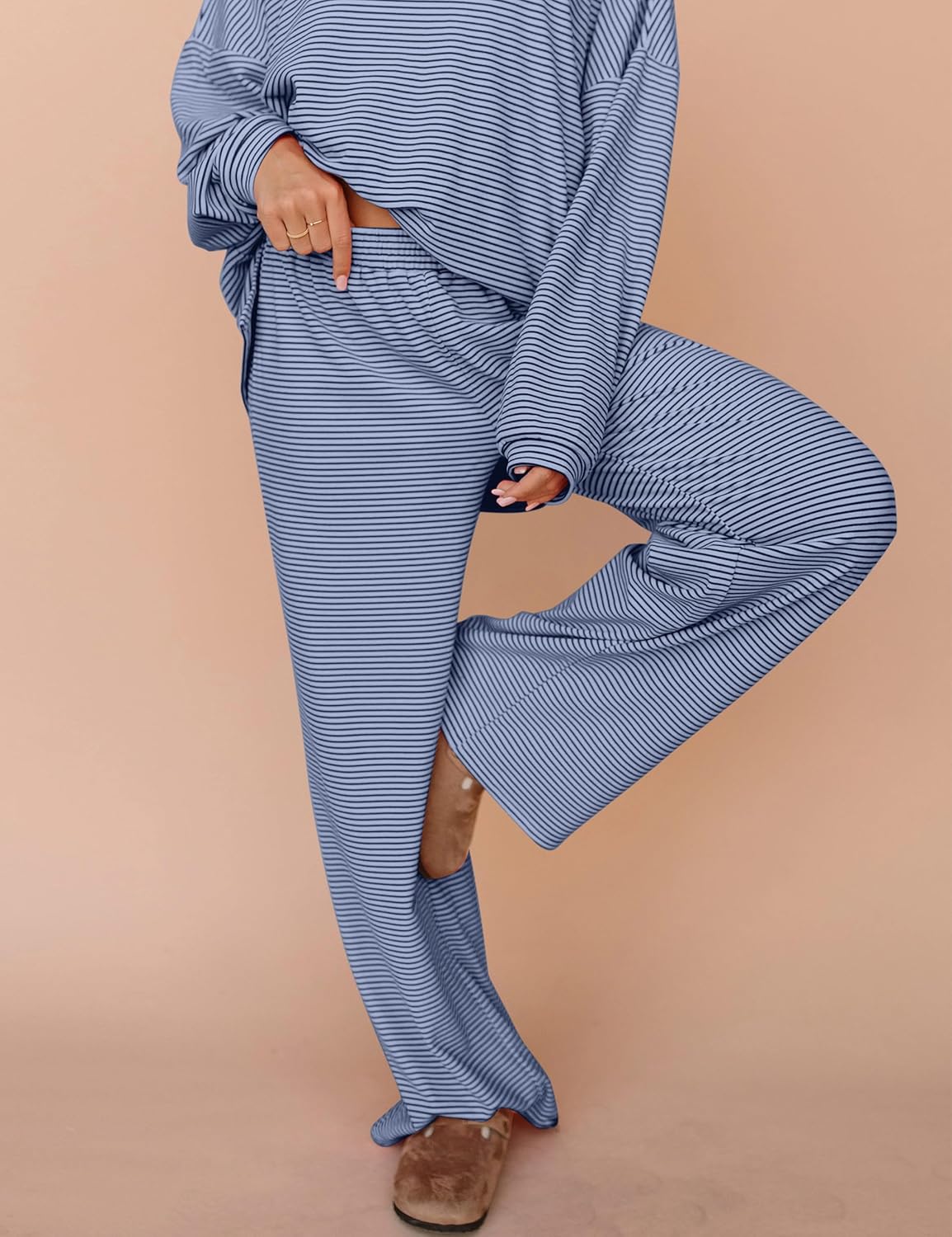 OLAPTA Women Striped 2 Piece Lounge Sets Oversized Tee Tops Wide Leg Pants Matching Outfits Fall Loungewear Pajama Sets