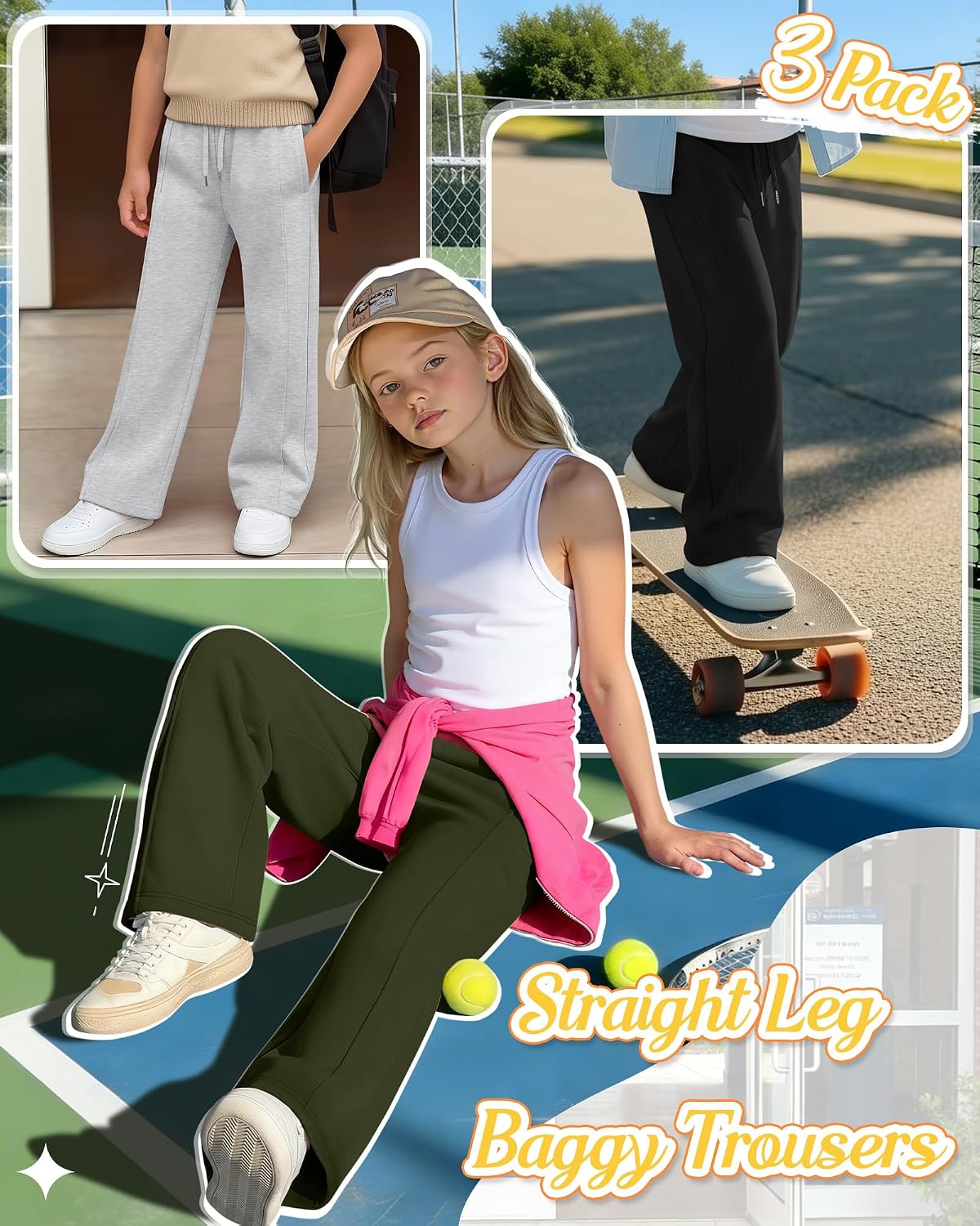3 Pack Girls' Sweatpants Double Side Seams Straight Leg Pants Teen Open Bottom Wide Leg Loose Joggers with Pockets