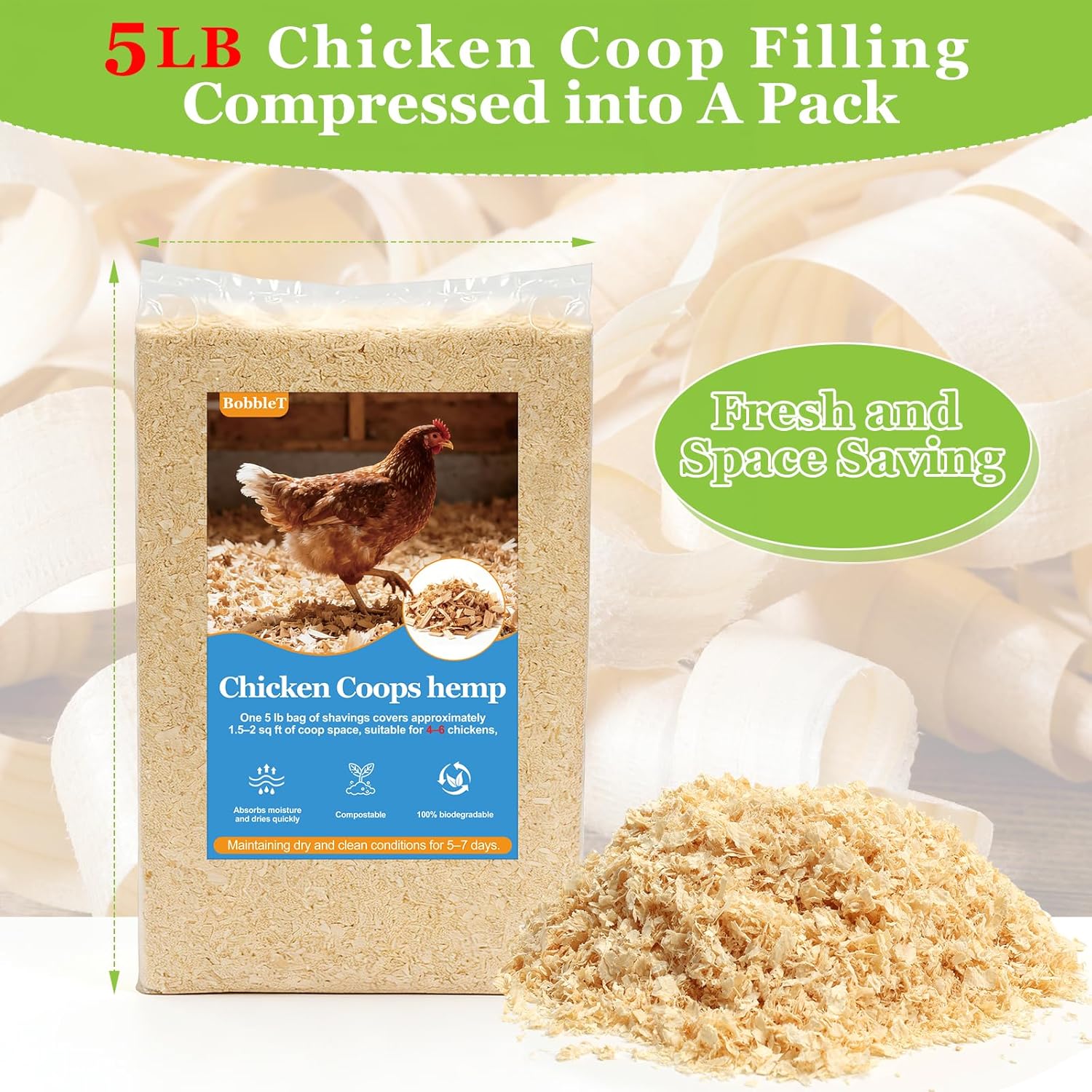 80 Ounces Premium 100% Natural Radiata Pine Shavings for Chicken Coop Bedding,5LB Wood Pine Shavings,Super Absorbent,Low Dust,Eliminating Bad Smells for Chicken Coops Nesting Boxes Brooder