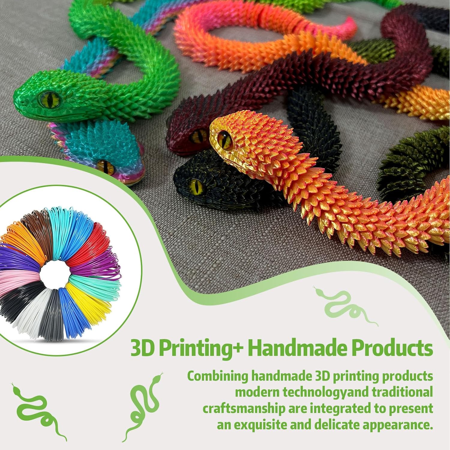 3D Printed Animals-Snake Viper,3D Printed Snake Toys Articulated Snake 3D Printed Animals Animal Model Ornaments Creative Funny Toy Festival Gift for Frends (Luminous Green, 29 Inch) image 4