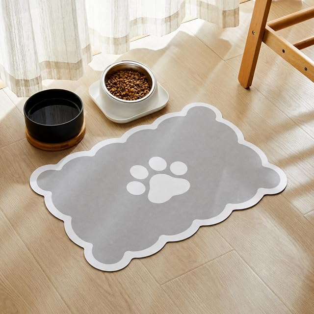 Tapete festoneado para alimentación de perros, gris, 17 x 22 pulgadas