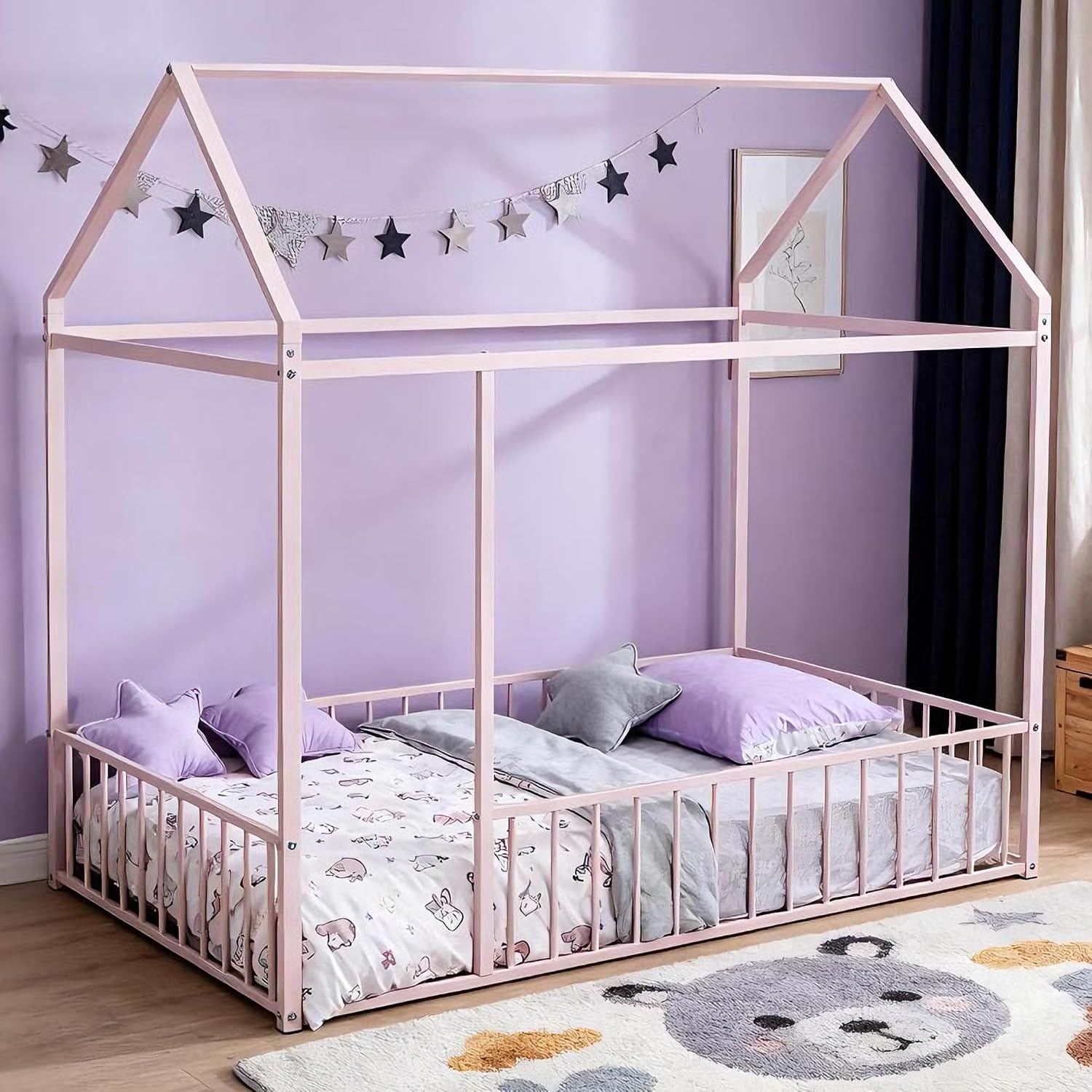 Bellemave Twin Floor Bed Frame with 13.2" H Full-Length Guardrails & Roof, Metal Twin Size Montessori Floor Bed with Low Profile Design for Kids, Easy Assemble, No Box Spring Needed, Pink