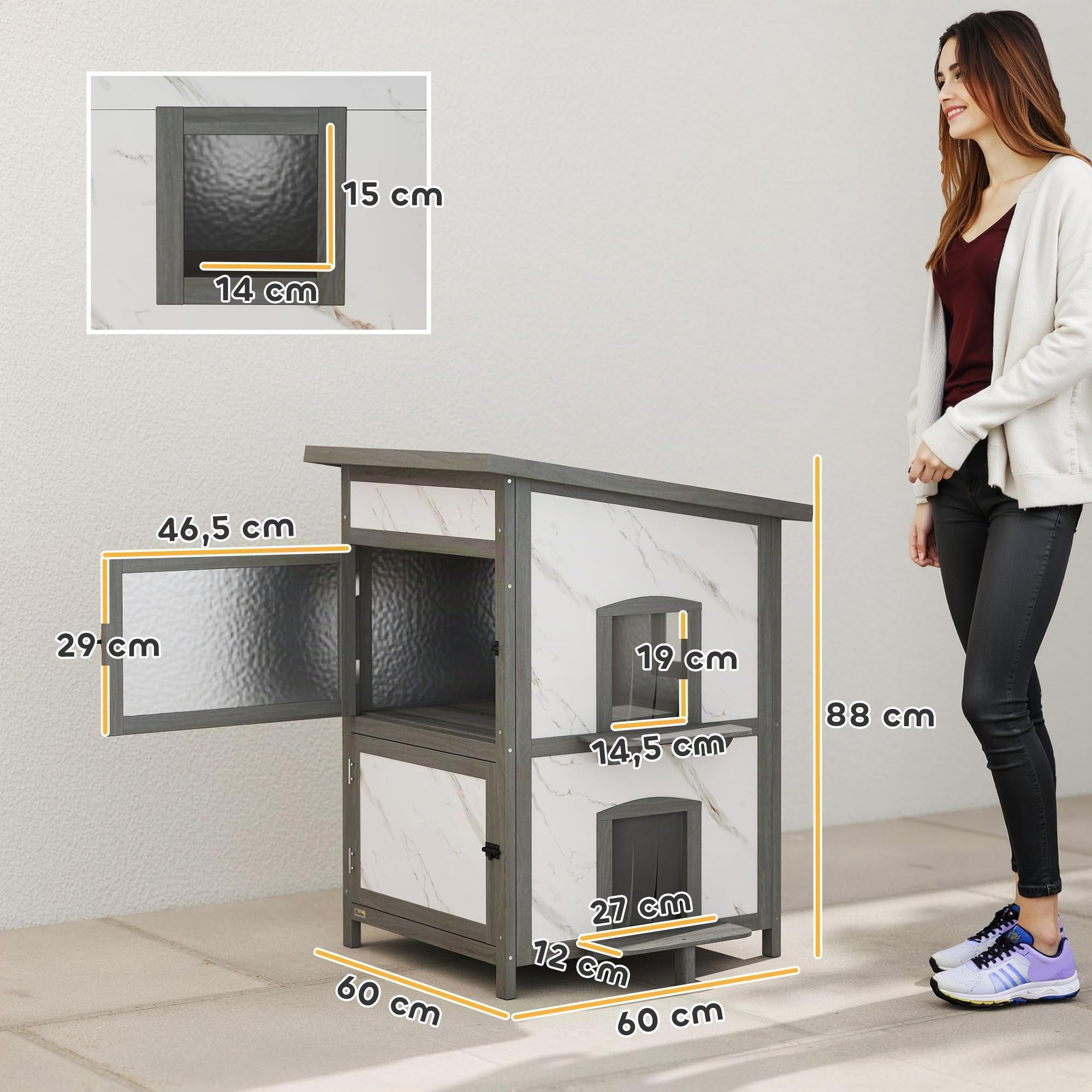 PawHut Katzenhaus aus Holz 2-stöckig Outdoor mit Fenster 60x60x88 cm Weiß | Mehreren Türen, Isolierte Katzenhütte, Wasserabweisendes Dach, Katzenhöhle Katzenbox für Draußen